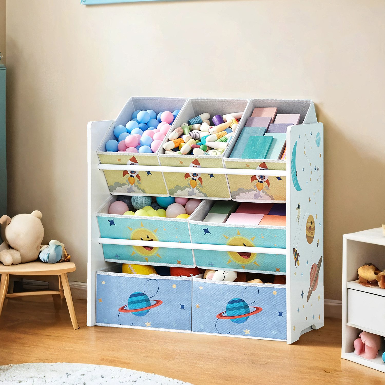 SONGMICS Spielzeugtruhe Kinderregal Bücherregal Kinder, mit Kippschutz, 29,5 x 62,5 x 60 cm (T x B x H), Kinderzimmer-Regal