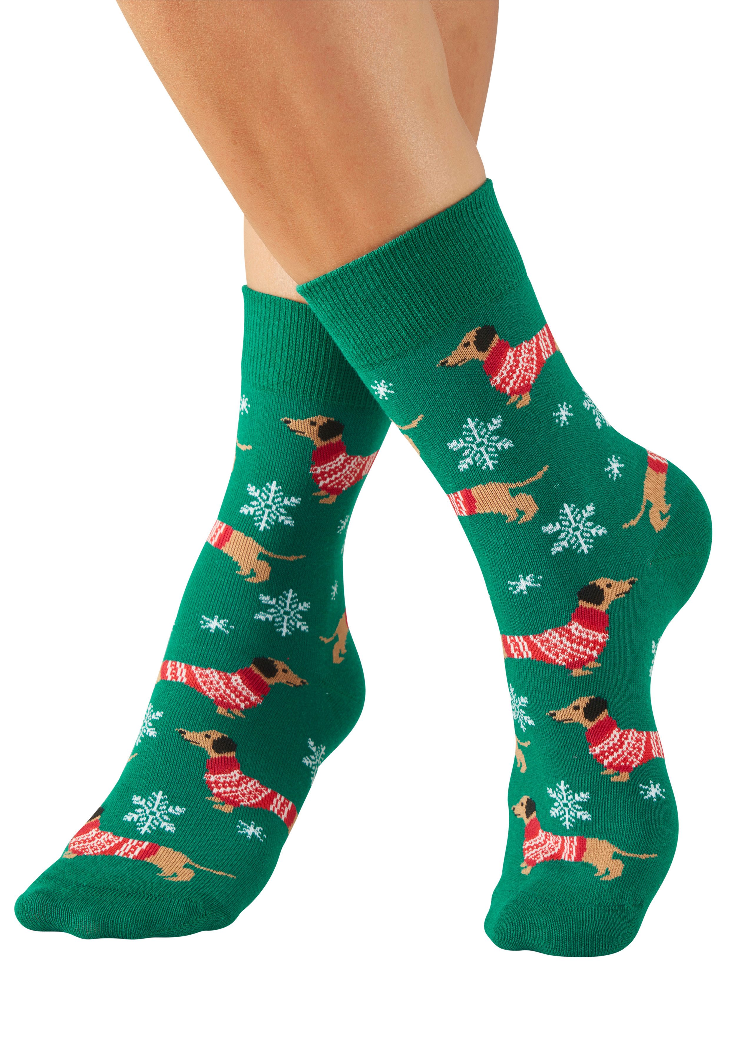 LASCANA Freizeitsocken Damen Weihnachtssocken (Packung, 3-Paar, Gr. 35-38 bis 39-42) mit lustigen Dackelmotiven – Bild 3 von 5
