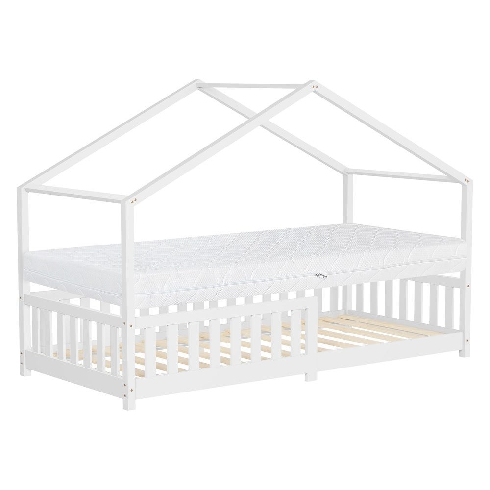 ML-DESIGN Spielbett Hausbett Kinderbett inkl. Lattenrost & Rausfallschutz Kinder Bodenbett, Abenteuerbett 90x200cm mit Matratze Himmelbett Kiefer Jugendbett Weiß