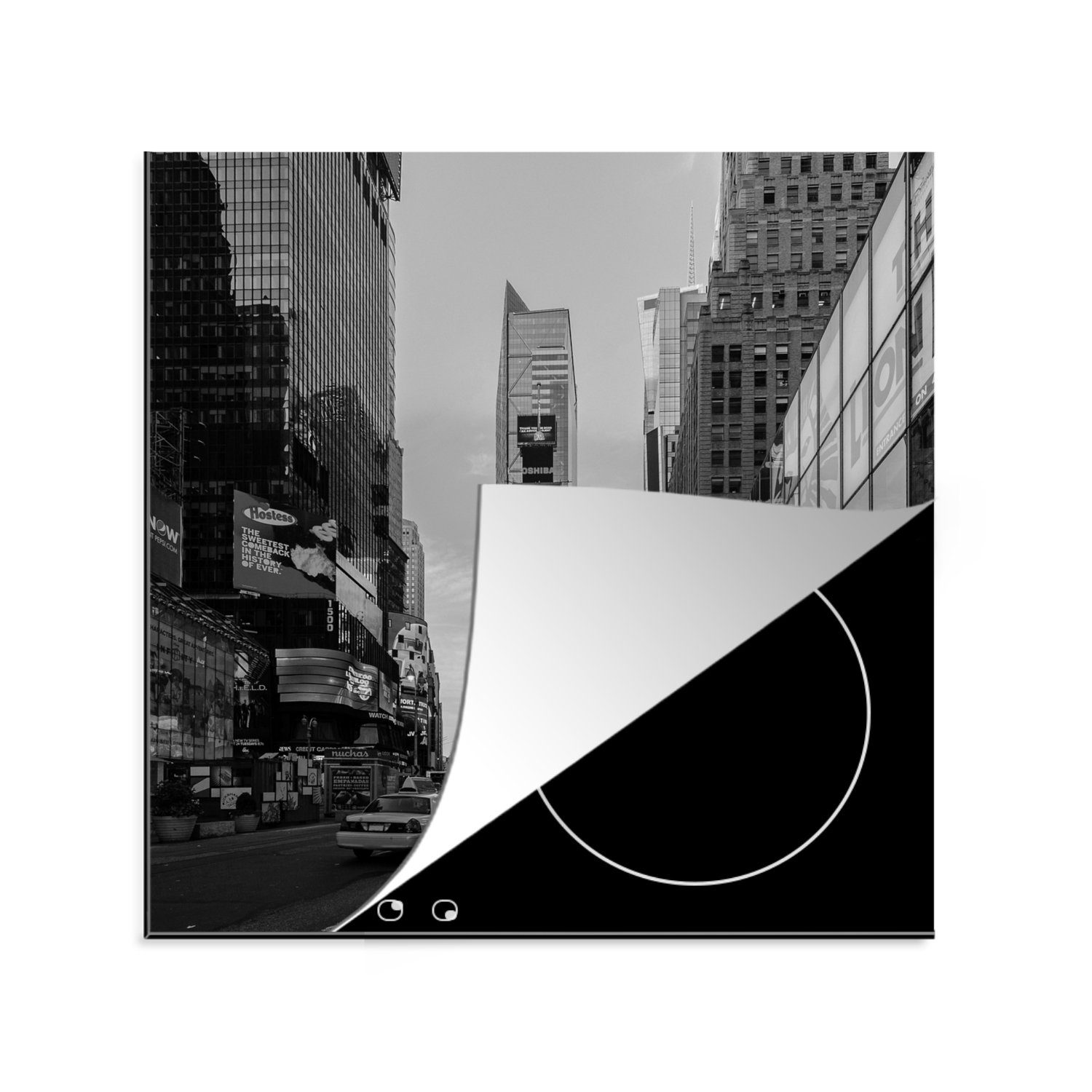 78x78 für cm, (1 tlg), das Time Herdblende-/Abdeckplatte auf MuchoWow Square küche Blick Ceranfeldabdeckung, am schwarz-weiß, Vinyl, Taxi in Arbeitsplatte