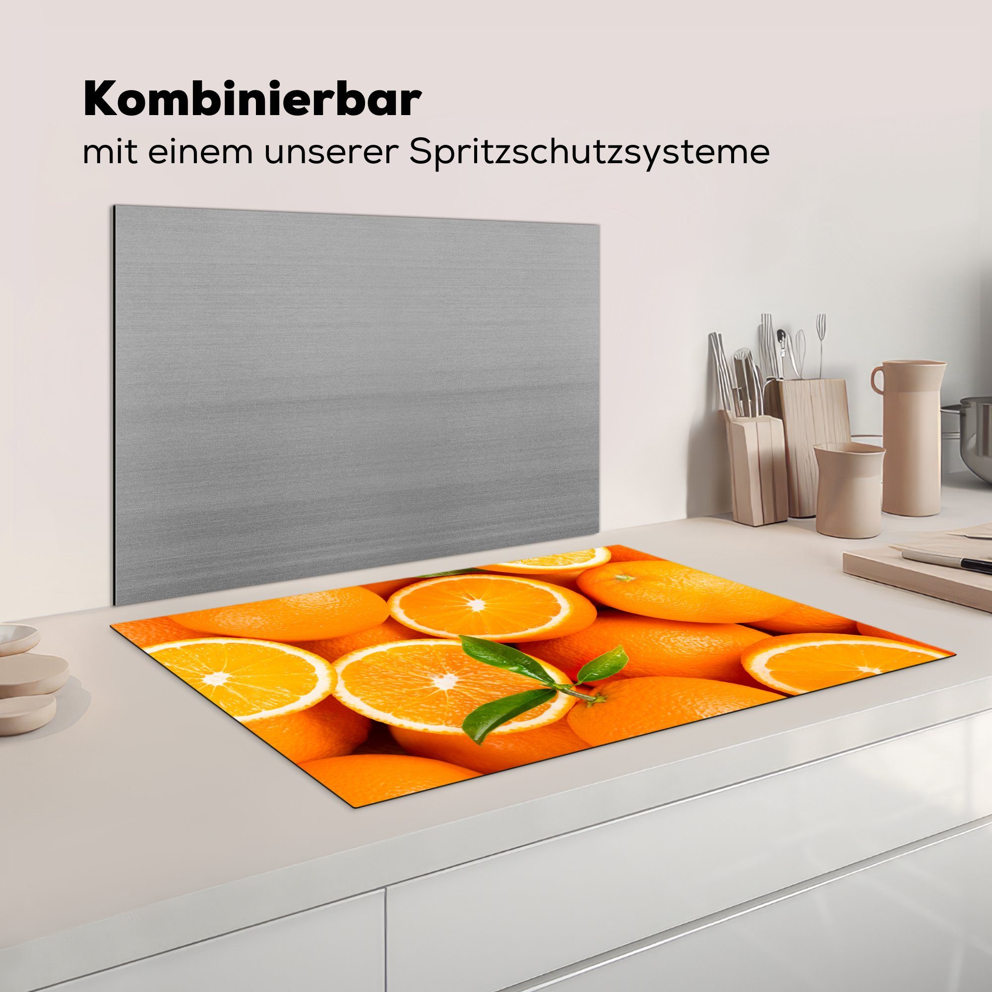 81x52 tlg), MuchoWow Orange für Schutz - die Vinyl, Blätter, Herdblende-/Abdeckplatte küche, Früchte Induktionskochfeld cm, - Ceranfeldabdeckung (1