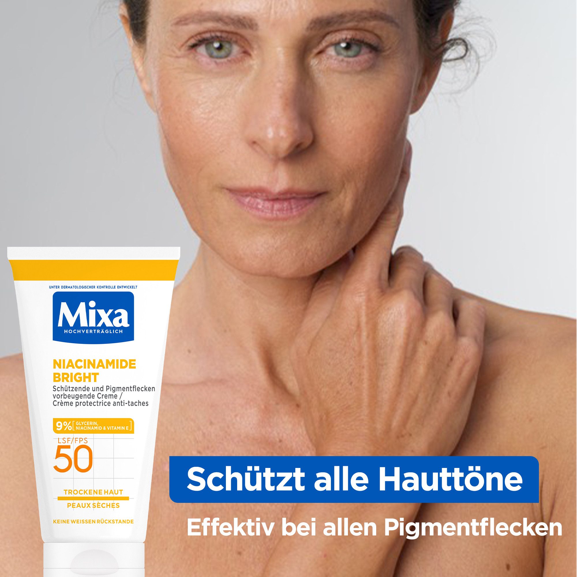 Mixa Körpercreme MIXA NIACINAMIDE BRIGHT CREME LSF50, Mildert sonnenbedingte Pigmentflecken, versorgt trockene Haut.