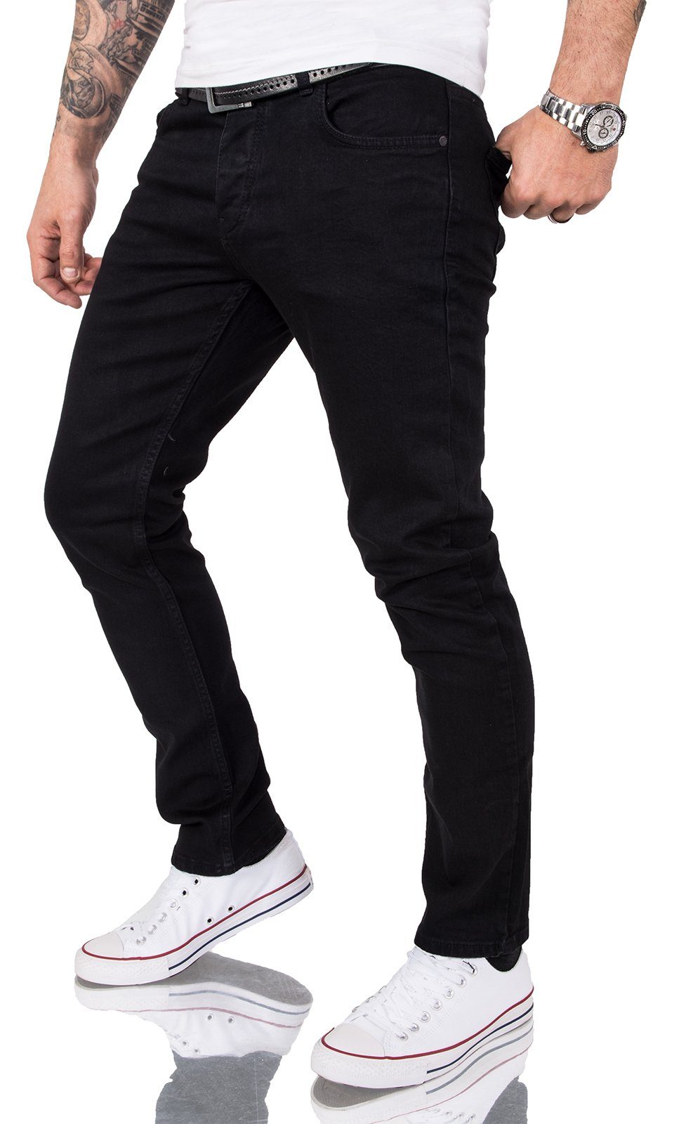 Gelverie Slim-fit-Jeans Herren Jeans Stonewashed Schwarz G-103 günstig online kaufen