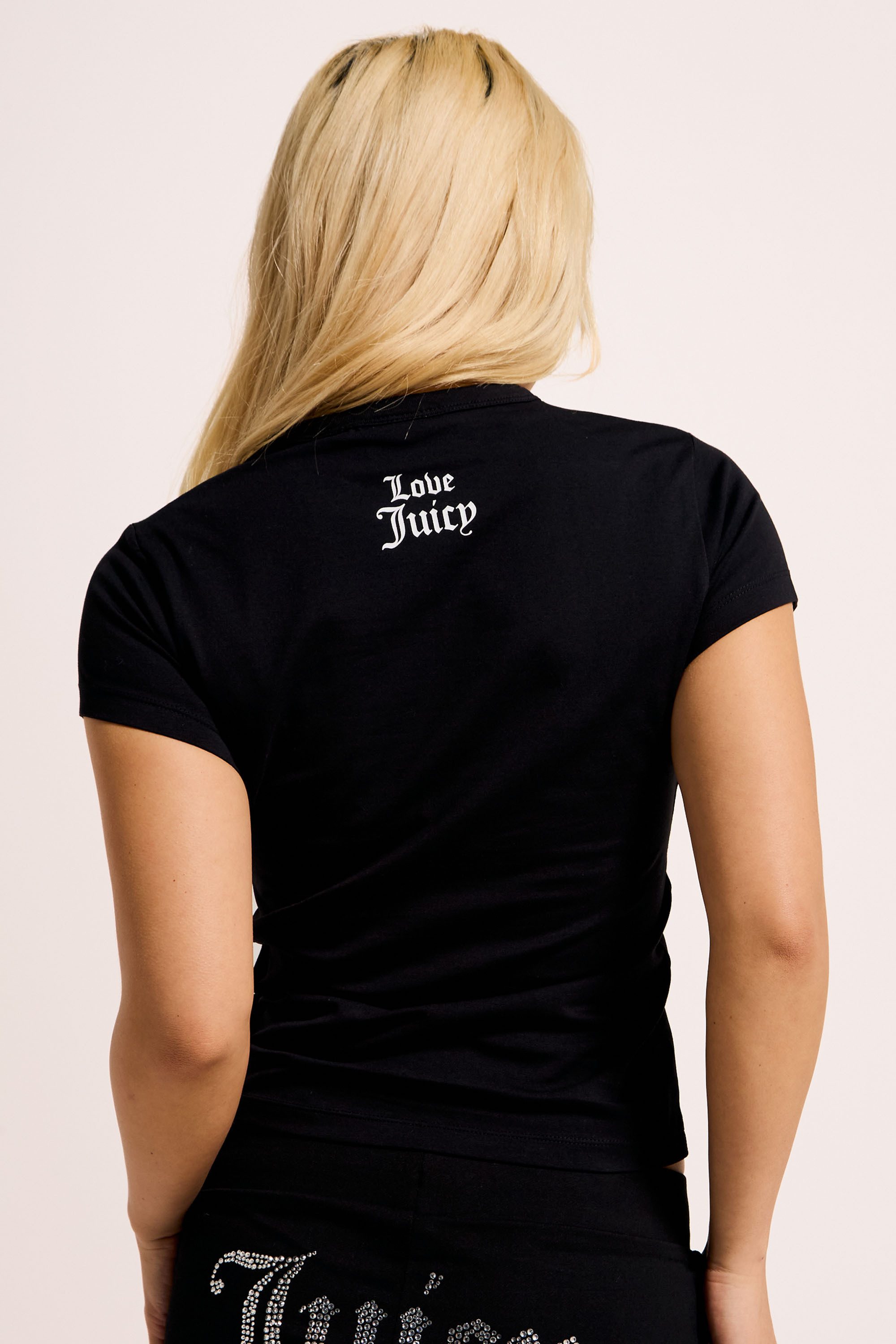 Juicy Couture T-Shirt PEACE LOVE AND JUICY HILTON T-SHIRT Damen T-Shirt Damen, Schriftzug, Statement, Logoprint, Sale