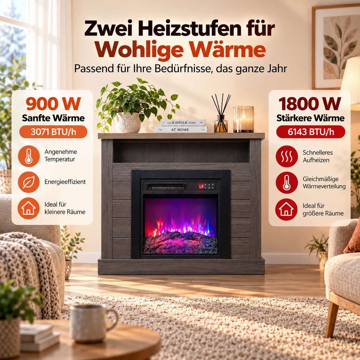 HOMAVO Elektrokamin mit Schrank, 18", 900W/1800W Heizung, 3D-Flammeneffekt, Schrankgröße: 96,5 × 22 × 82 cm, Fernbedienung + Bedienfeld – Bild 2 von 5
