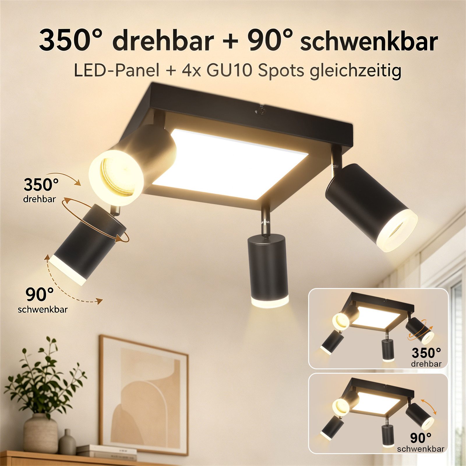 Nettlife Deckenstrahler 1/2/3/4 Flammig GU10 Modern Schwarze Deckenlampe Schwenkbar 350°, LED wechselbar, Warmweiß, Schwenkbar Flurlampe Metall für Schlafzimmer – Bild 5 von 5