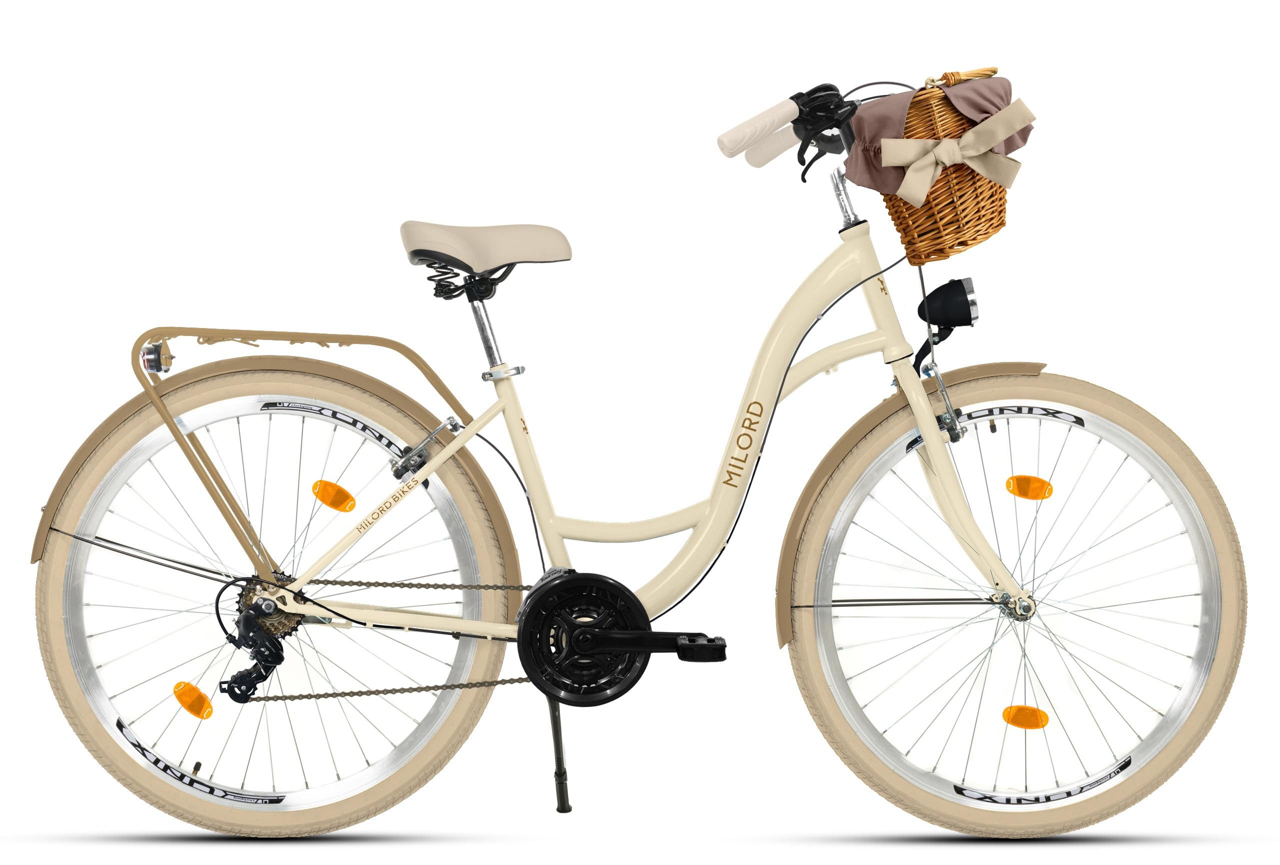 Milord Cityrad Damenfahrrad Citybike Mit Weidenkorb Fahrrad, 26/28 Zoll, 21-Gang, 21 Gang, (Fahrradständer, Gepäckträger, Klingel, Korb, Kotflügel)