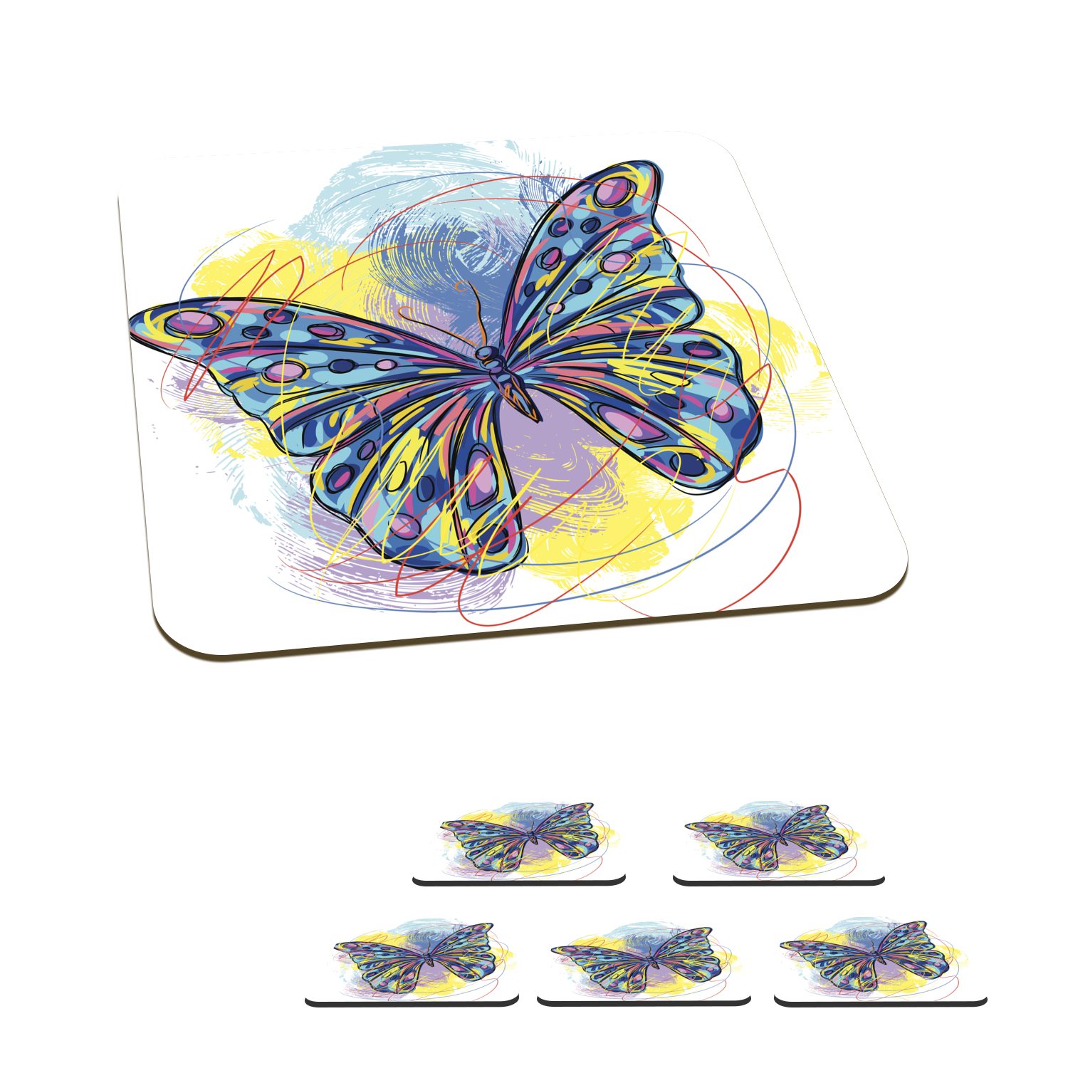 MuchoWow Glasuntersetzer Eine Illustration eines bunten Schmetterlings, Zubehör für Gläser, 6-tlg., Glasuntersetzer, Tischuntersetzer, Korkuntersetzer, Untersetzer, Tasse
