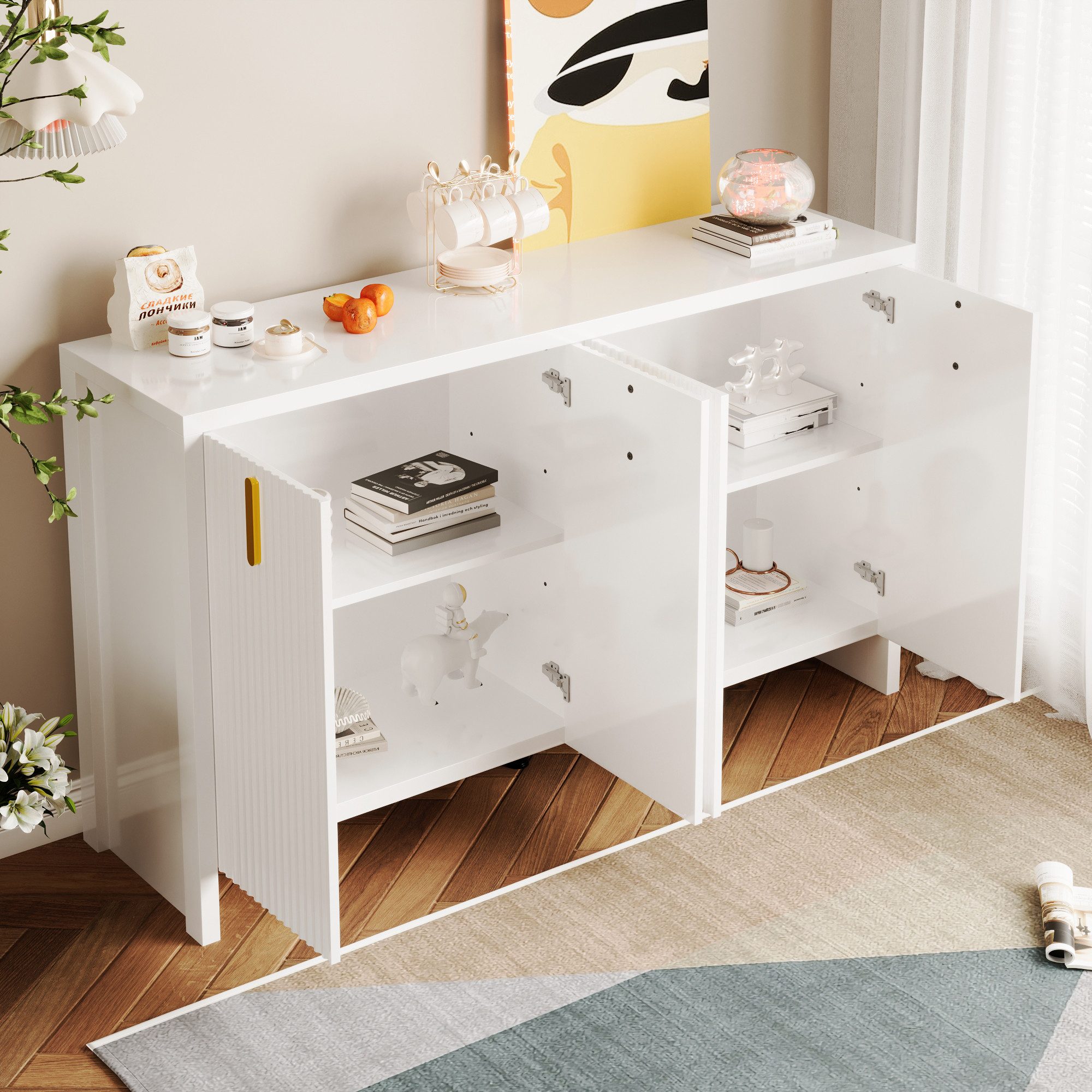 Merax Sideboard mit vier Türen und verstellbaren Einlegeböden, Kommode mit Metallgriffe,Wohnzimmerschrank,Buffet,B:140cm