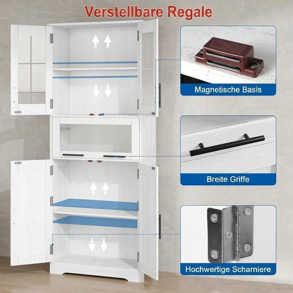 GarveeMore Küchenbuffet mit 5 Türen & 2 verstellbaren Regalen,60x30x170cm Mehrzweckschrank,Küchenschränke,für Küche und Wohnzimmer – Bild 3 von 5