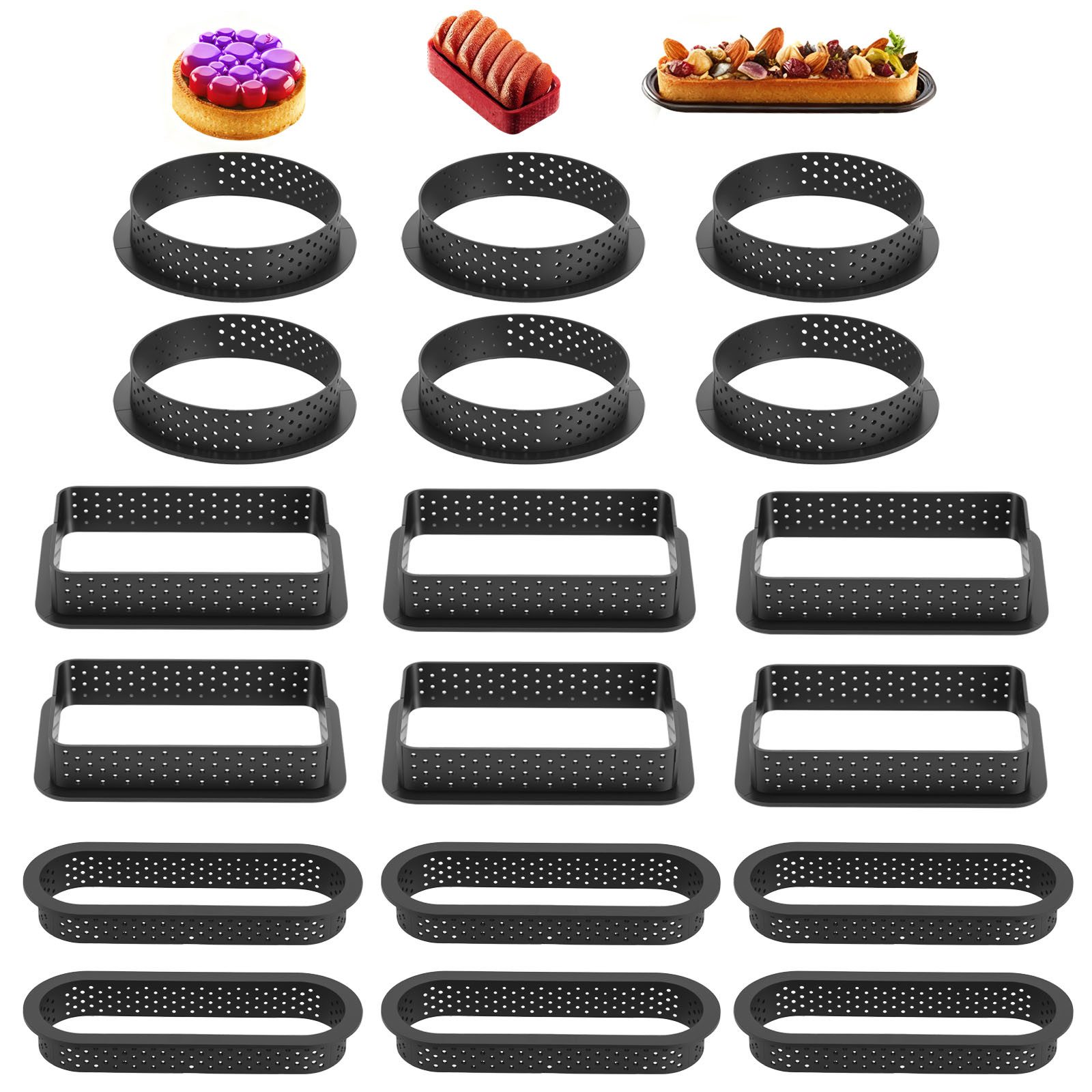 BlingBin Tarteform Dessertringe Formenset 18stk Tartelette Förmchen Kuchenform Perforiert, (18er Set 18-tlg), Mit Kreis/Rechteck/Oval Mini Ausstecher Kuchenringe, Backformen Set