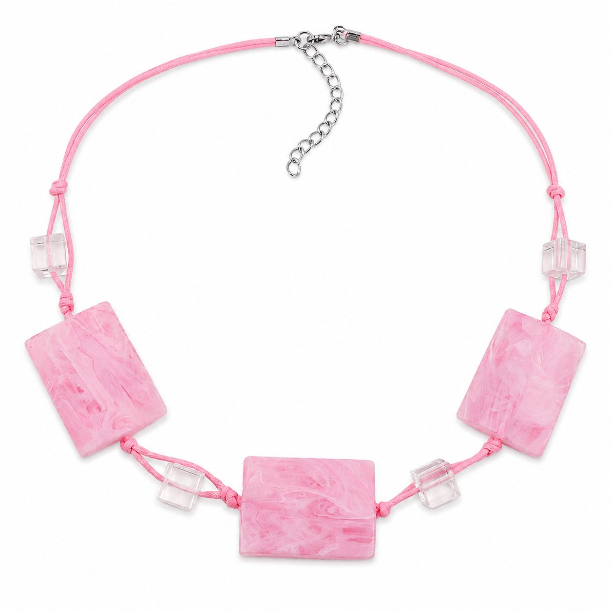 unbespielt Collier Kette mit gewellten Viereck-Kunststoffperlen rosa-marmoriert 45 cm, Modeschmuck für Damen