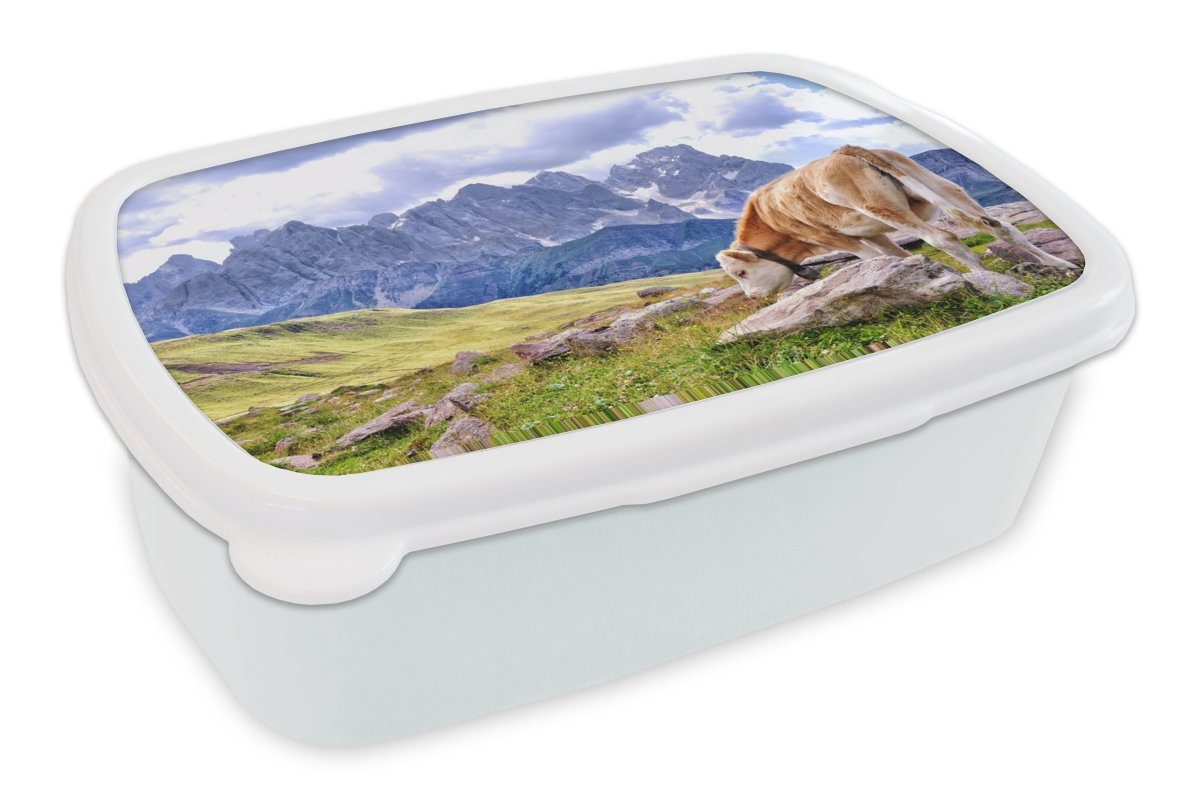 MuchoWow Lunchbox Alpen - Kuh - Berg, Kunststoff, (2-tlg), Brotbox für Kinder und Erwachsene, Brotdose, für Jungs und Mädchen weiß