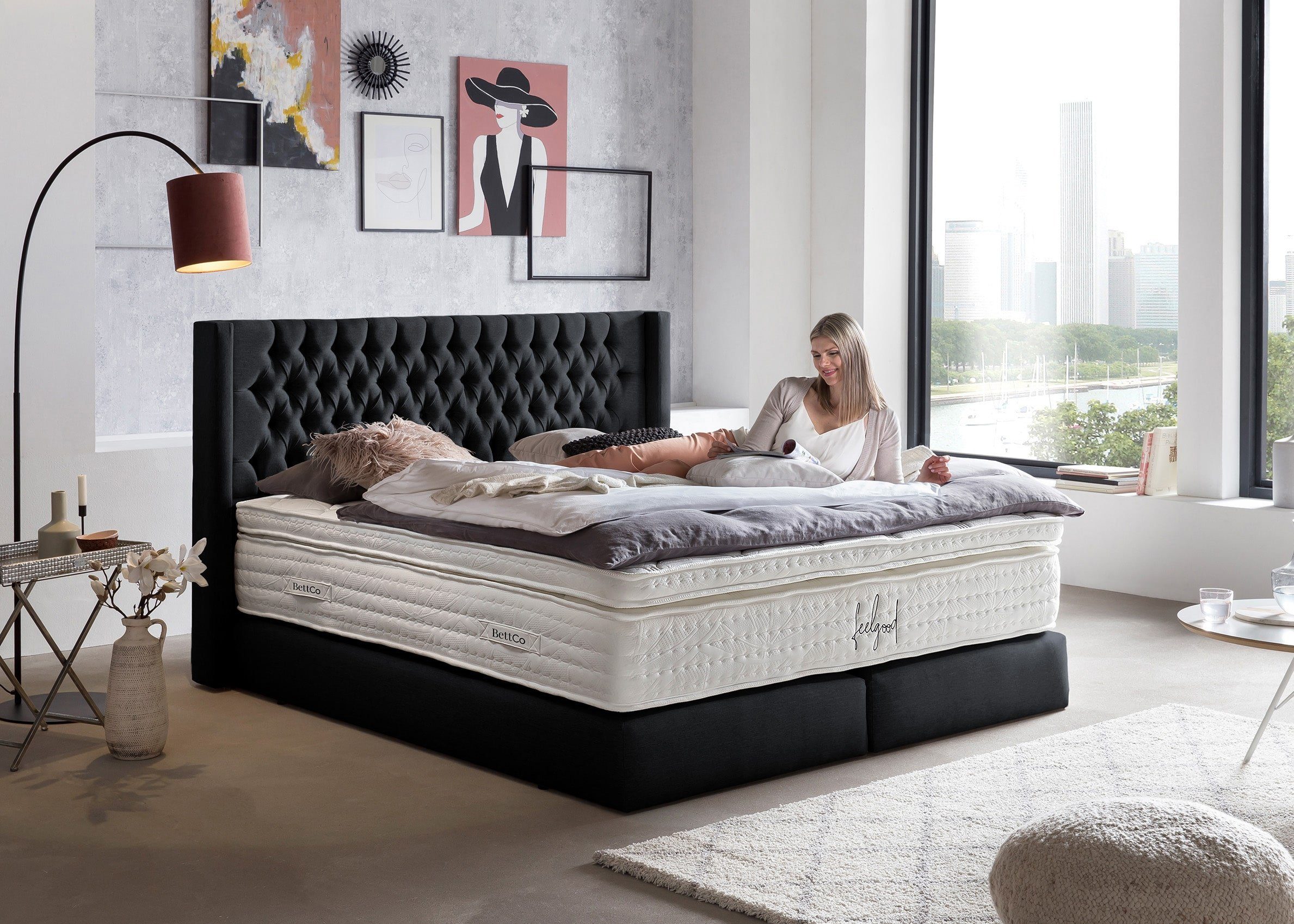 200 Boxspringbett mit BettCo cm), Florida Gleiterfüße Ohren (in Topper, + Schwarz optionaler 140 Kopfteil Webstoff, x