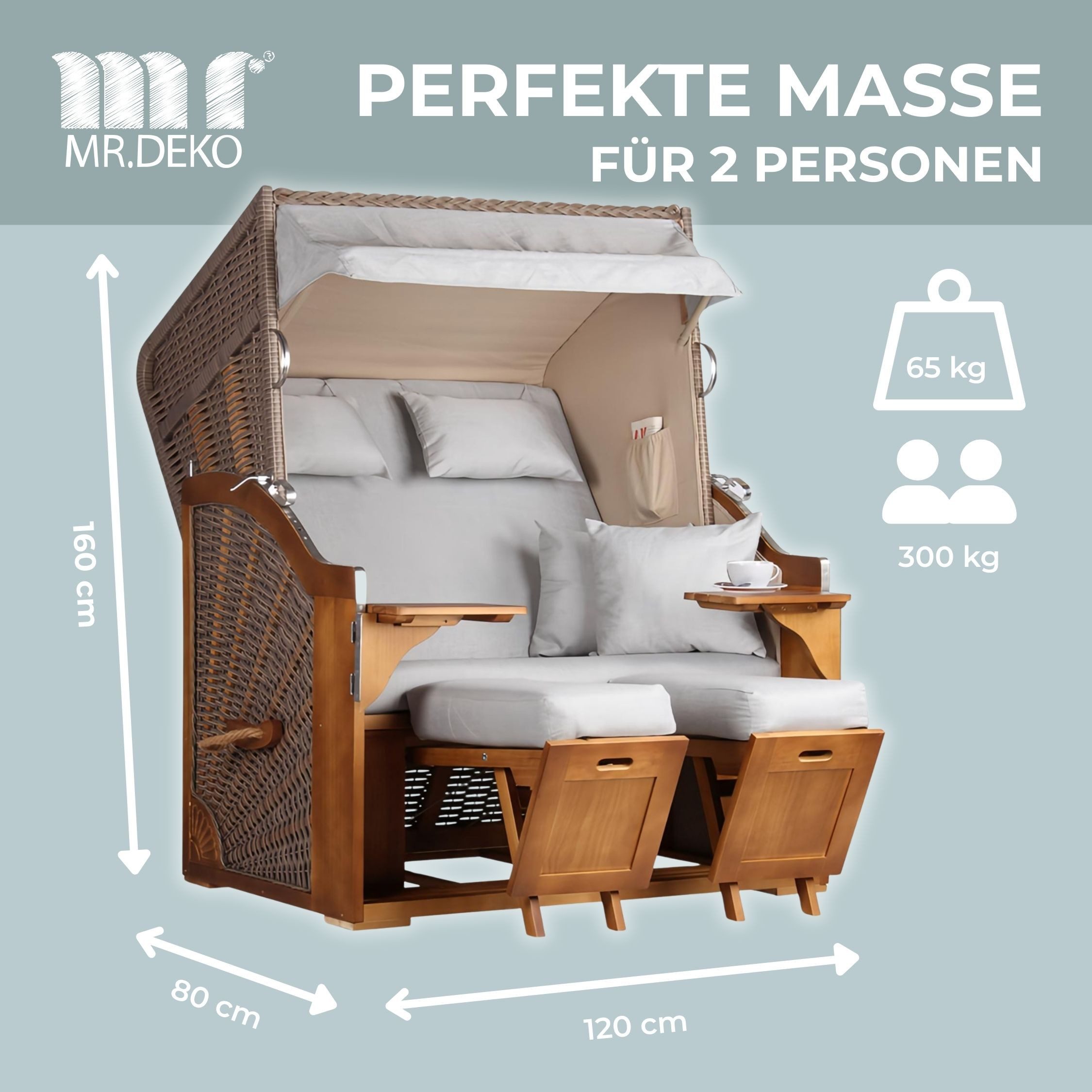 MR.DEKO Strandkorb 2-Sitzer Schleswig Pinie Braun PE Mokka, aufgebaut geliefert, BxTxH: 120x80x160 cm, 2-Sitzer, Schleswig, (Zweisitzer Strandkorb mit Bistrotischen & Fußstützen), Bereits montiert, UV-beständig, Volllieger & Edelstahl-Beschläge