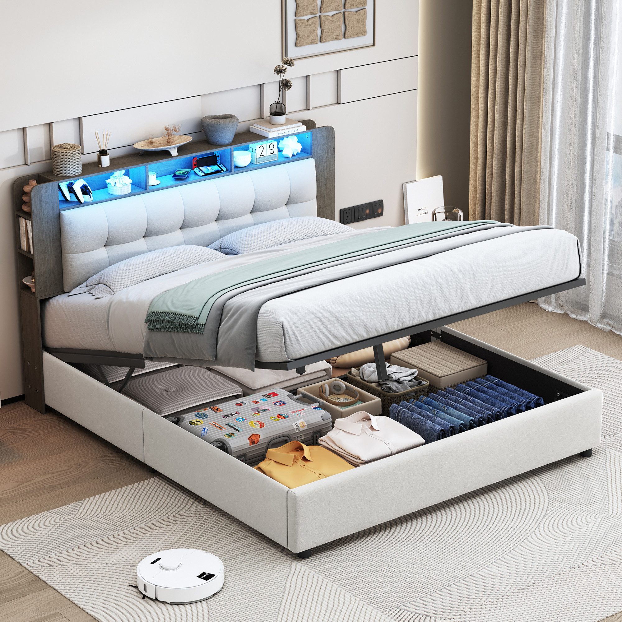 PXloue Polsterbett LED hydraulisches Doppelbett (Kopfteil günstig online kaufen