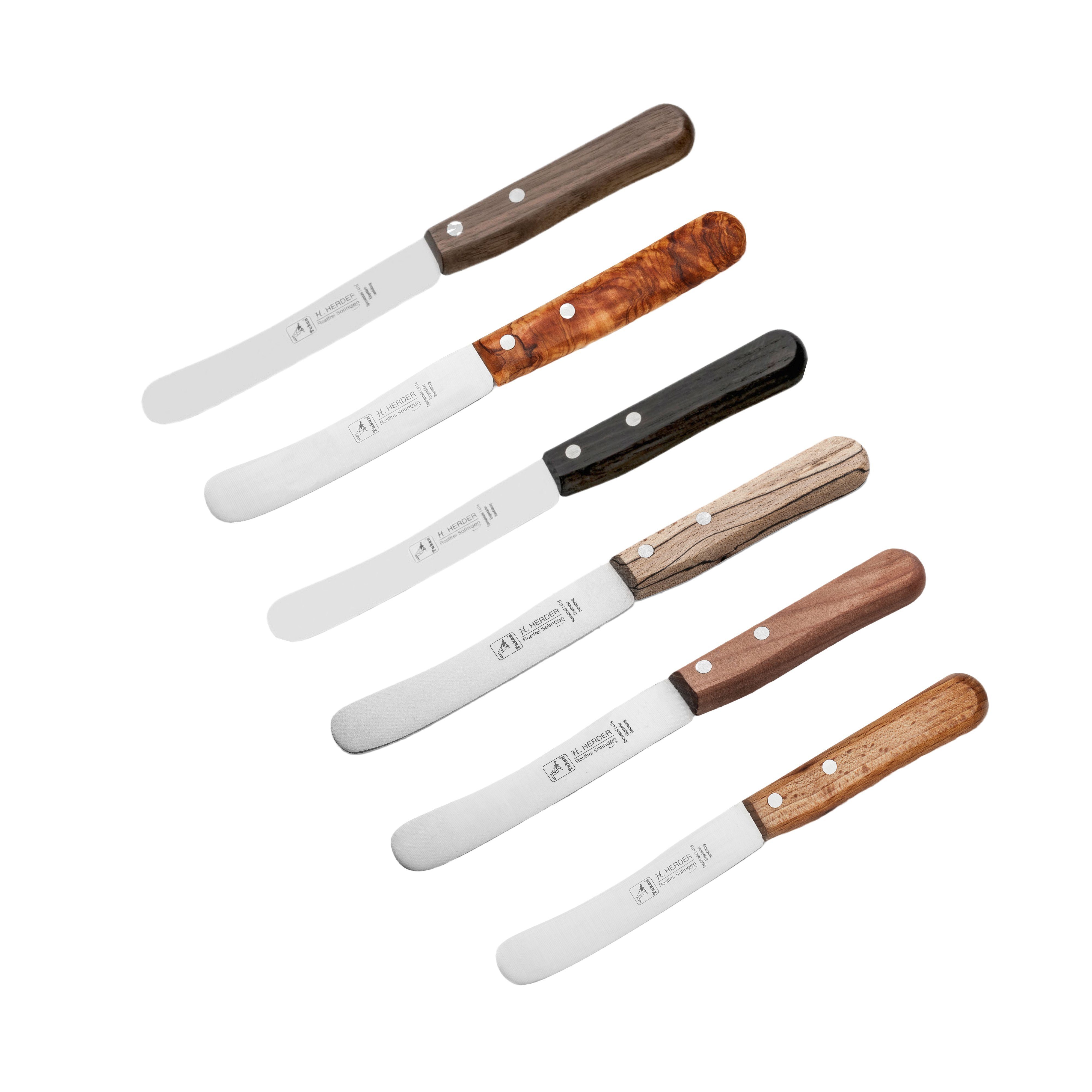 H. Herder Brotzeitmesser Buckels für alle - 6er-Set Buckelsmesser verschiedene Griffe (6 Stück), Klinge aus legiertem Spezialstahl ohne Welle, Griffe aus Holz