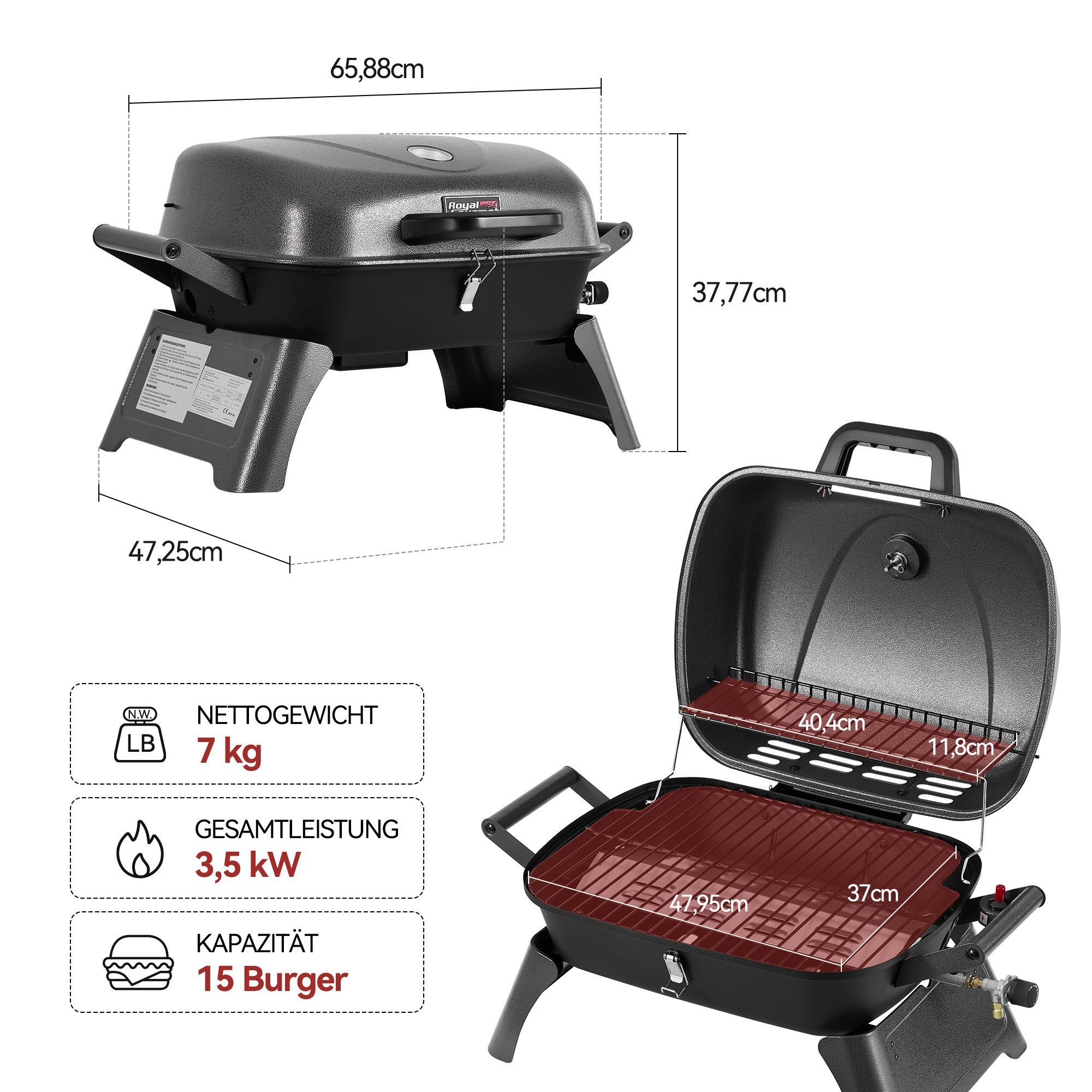Royal Gourmet Gasgrill tragbarer Tischgrill, 3,5 kW mit Piezozündung und Thermometer, Outdoor Grill mit klappbaren Beinen und Deckelverschluss