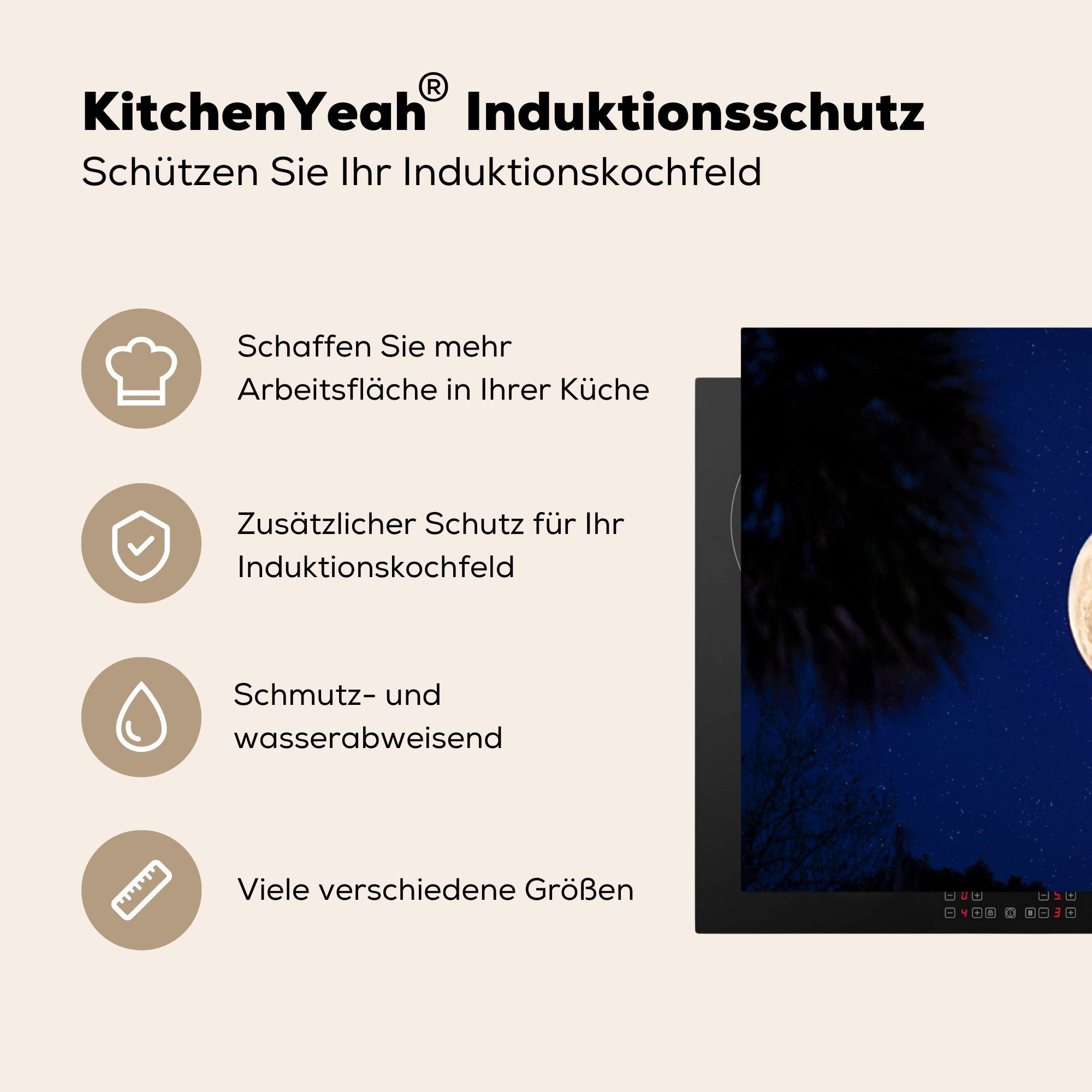 - küche Vinyl, Nacht, Mond für Herdblende-/Abdeckplatte MuchoWow tlg), - cm, Bäume Arbeitsplatte Ceranfeldabdeckung, (1 83x51