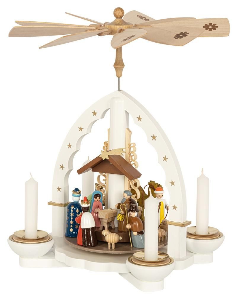 Erzgebirgische Volkskunst Richard Glässer GmbH Weihnachtspyramide Pyramide Geburt Christi mit Teelichter und Kerzen weiß Höhe 27cm NEU
