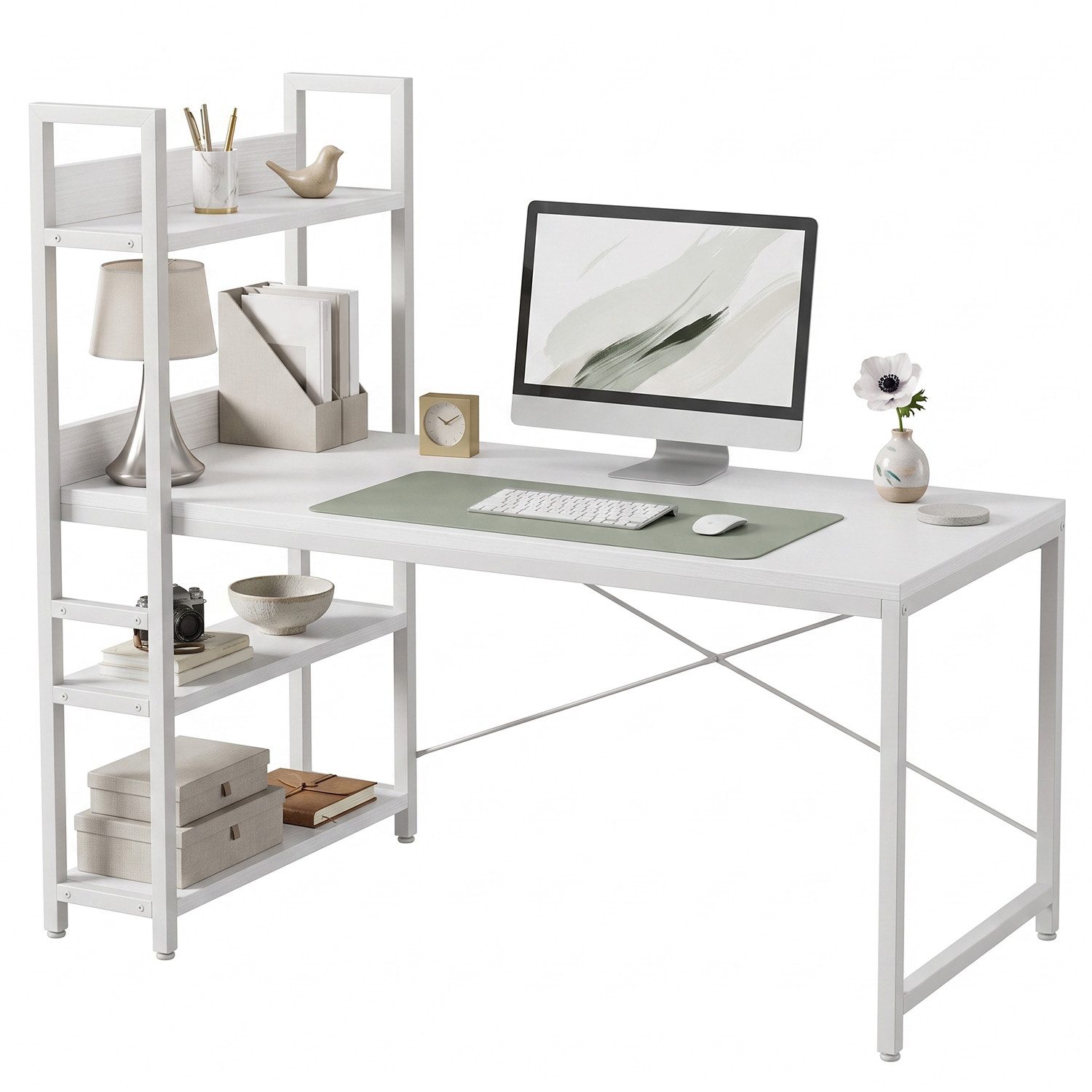 Refined Living Computertisch Schreibtisch Gaming tisch Computertisch Bürotisch 50x80/100cm 120/140 (Schreibtisch mit Seitlichem Regal & Verstellbaren Füßen, Officetisch, PC-Schreibtisch mit Stauraum & Bücherregal, Eckschreibtisch mit Regal), PC Laptop Tisch für Büro Arbeitszimmer Wohnzimmer Homeoffice Weiß