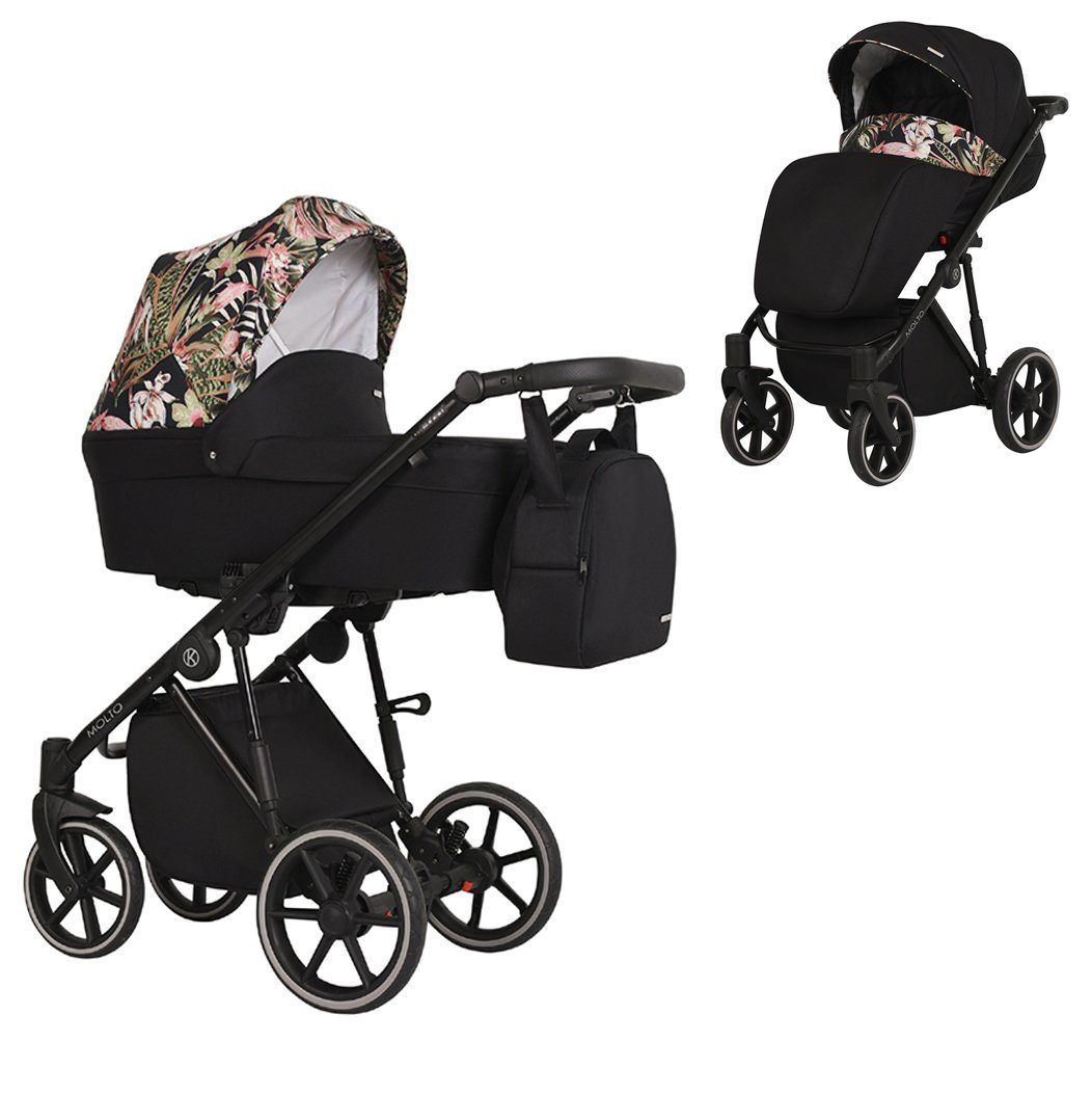 babies-on-wheels Kombi-Kinderwagen Molto 2 in 1 - 12 Teile - von Geburt bis 4 Jahre in 14 Designs Schwarz-Dekor = schwarzes Gestell