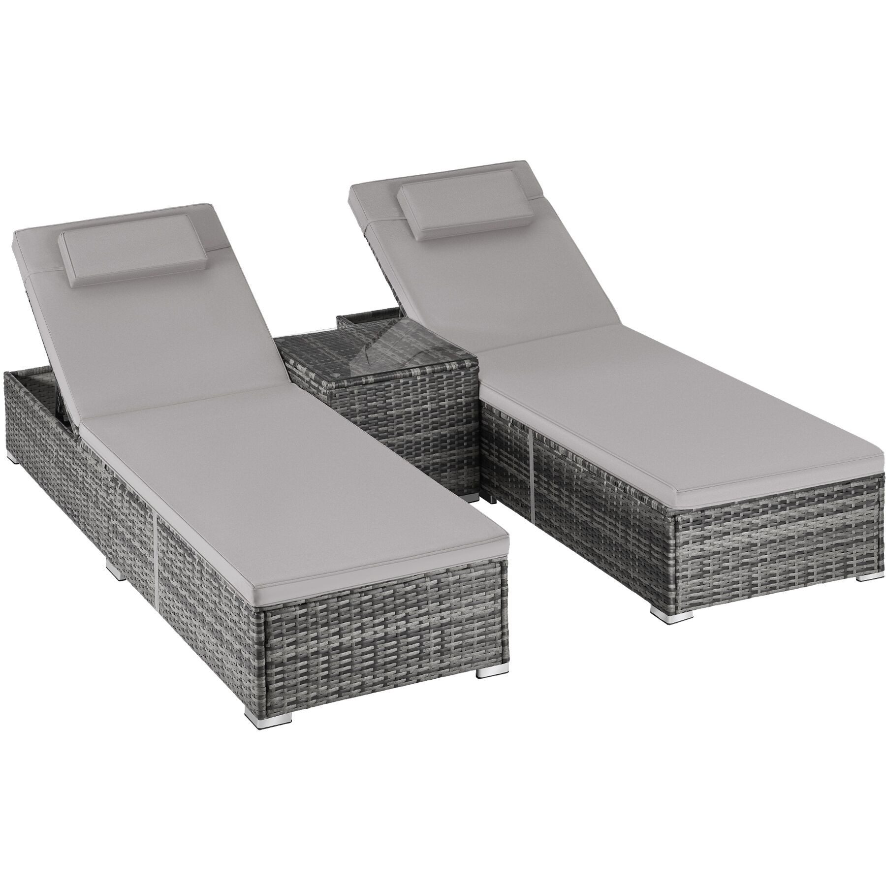 tectake Gartenliege Rattan-Doppelliege mit Tisch, mit abnehmbaren Kopfpolstern, Sonnenliege Carbonera, 1 St., in grau, wetterfest und UV-beständig, Belastbarkeit je 200 kg, verstellbar