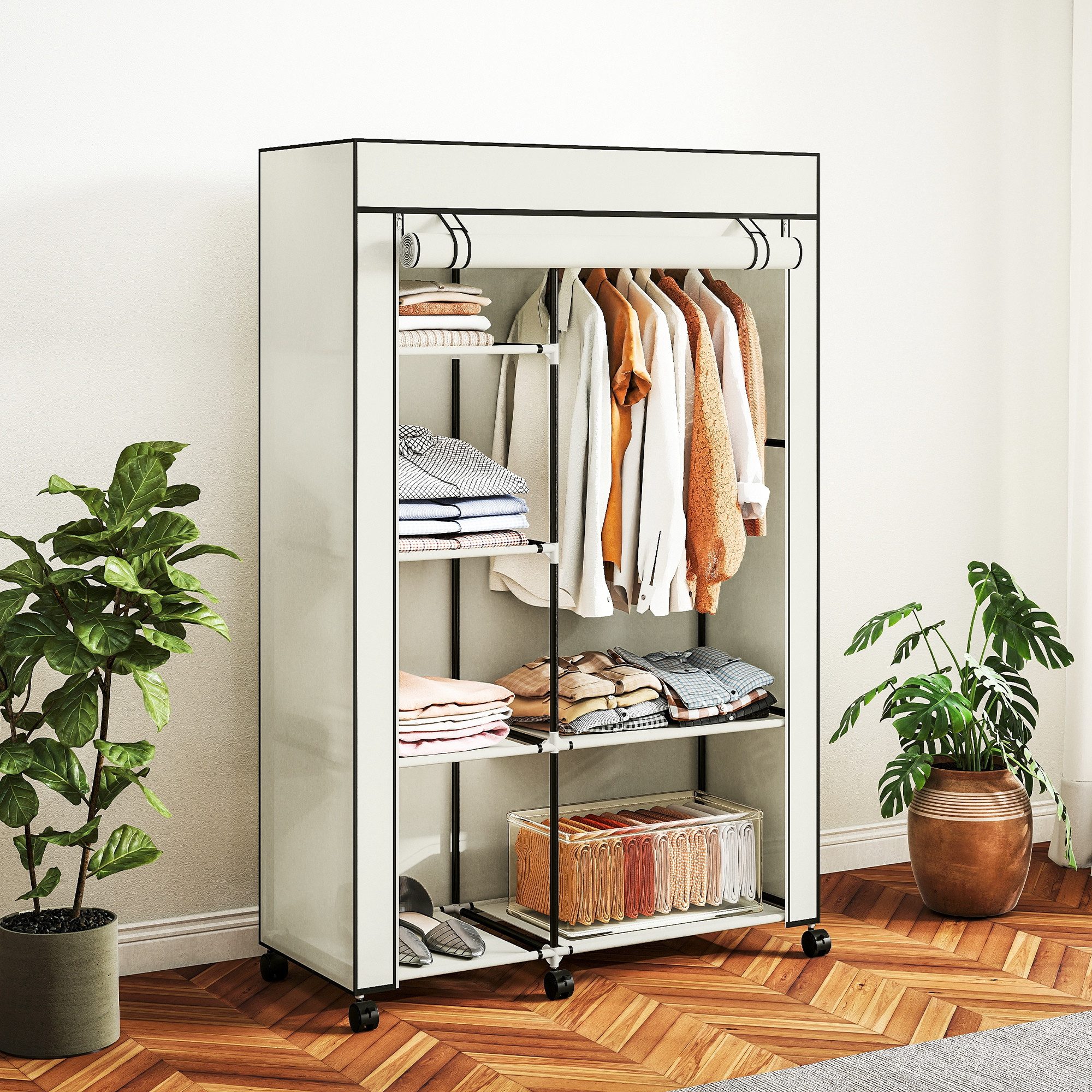 HOMCOM Stoffschrank Klappbarer Kleiderschrank Faltbare Garderobe in Vlies-Optik (Kleiderständer, 1-St., Faltschrank) für Schlafzimmer, Flur, Creme, 103 x 43 x 162,5 cm