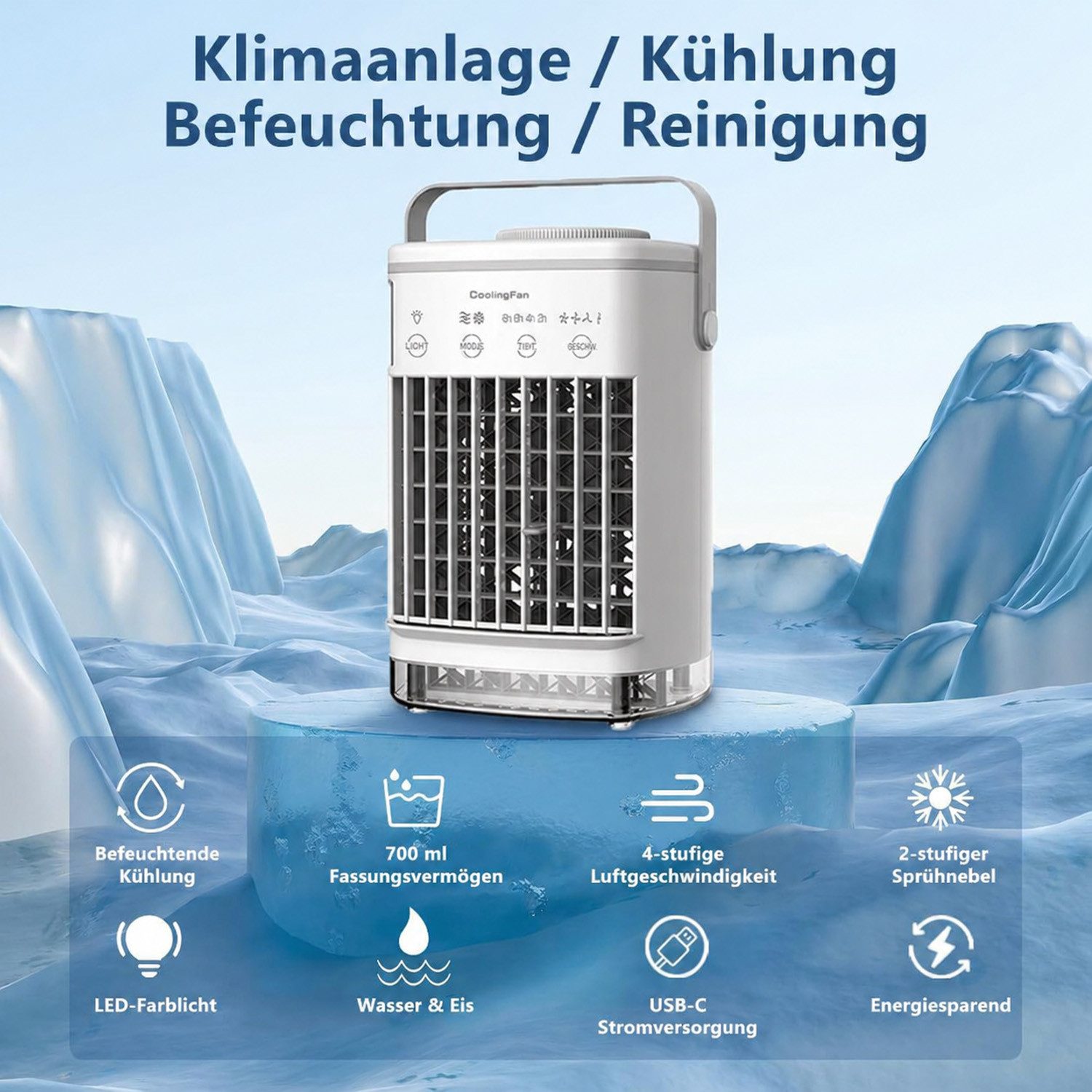 MOPUEA Ventilatorkombigerät Tragbarer Luftkühler Klimaanlage mit 7-Farben-LED 700ML Wassertank, 4 Windstufen mit Sprühnebel für individuelle Kühlung