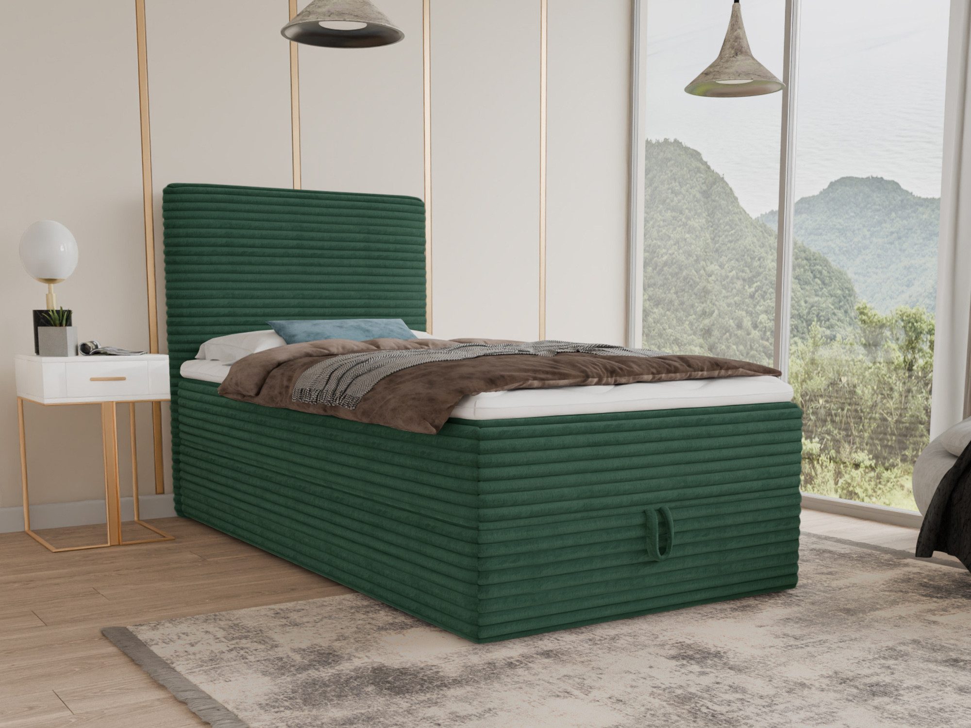 Sofnet Boxbett Mollo Mini (großer Bettkasten, Bonell-Matratze und Topper), Einzelbett, Polsterbett mit Kopfteil, Boxspringbett, Cordstoff