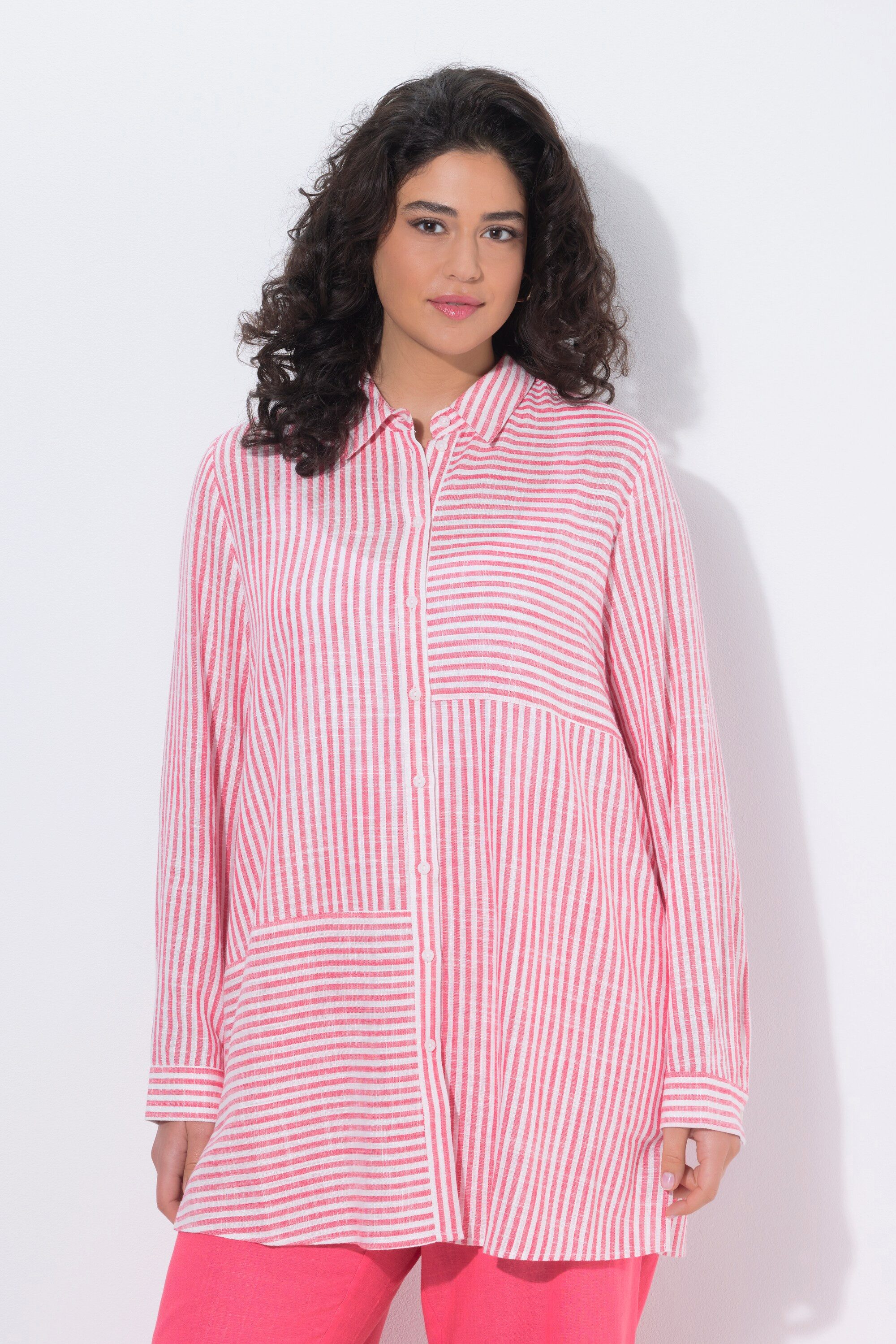 Ulla Popken Satinbluse Bluse Leinenmix Patchmuster Hemdkragen Langarm günstig online kaufen