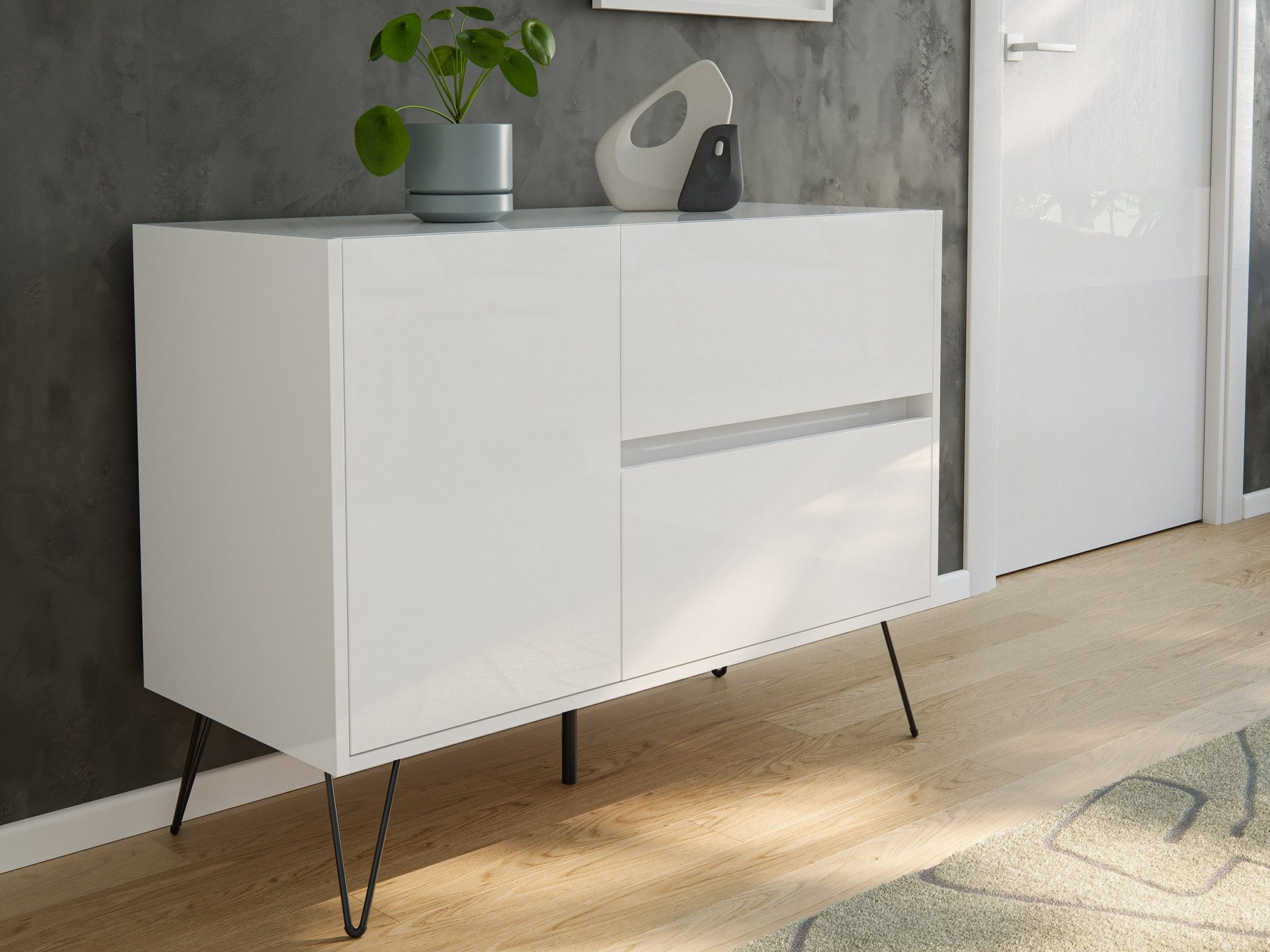 Sideboard Sideboard Yako 100cm 2 SoftClose 1 Tür Weiß hochglanz