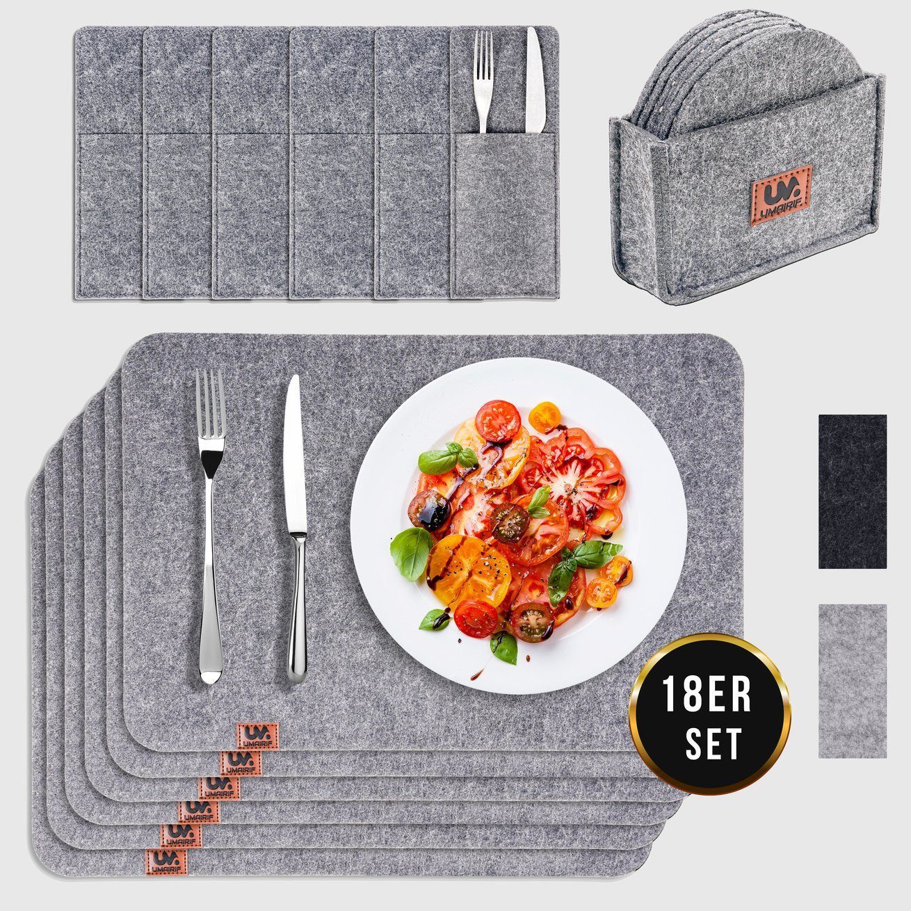 Montegoni Platzset Rutschfeste Tischset aus Filz 18er Set, abwaschbare Platzsets 44x32 cm, (Set, 18er Tischuntersetzer-Set), Platzdeckchen abwischbar