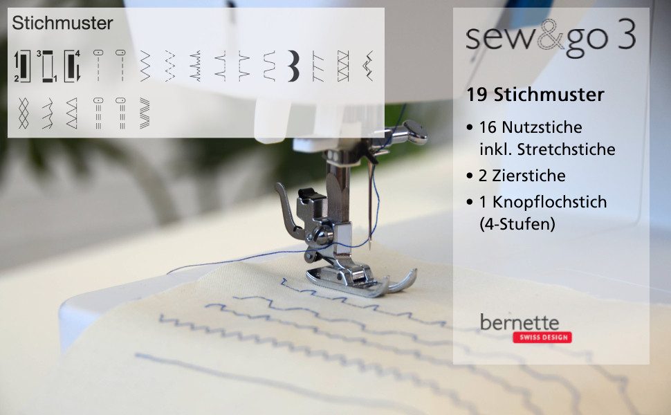 Bernette Freiarm-Nähmaschine sew&go 3 - Einfädelautomatik, Fadenabschneider, einfache Bedienung, 19 Programme, Einstellbar: Stichlänge, Fadenspannung, Nähfußdruck - 4 Nähfüße