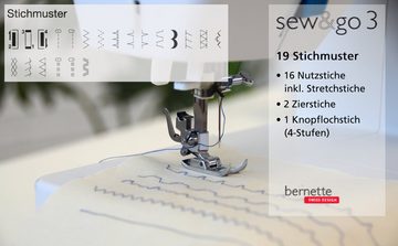 Bernette Freiarm-Nähmaschine sew&go 3, 19 Programme, Einfädelautomatik,einstellbar Stichlänge Fadenspannung Nähfußdruck