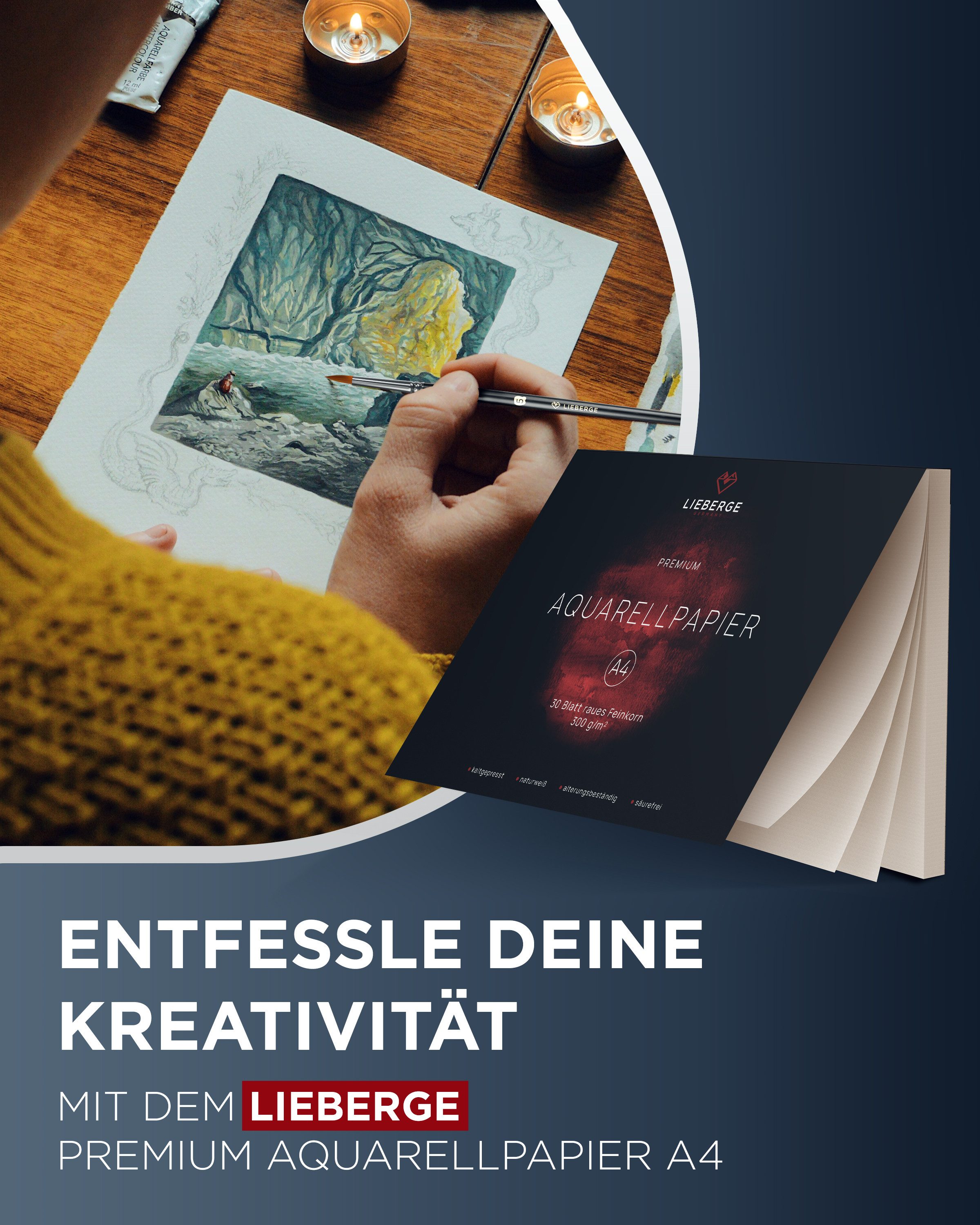 LIEBERGE Aquarellpapier Premium A4 300g – made in Germany – 30 Blatt verleimt, 300g/m², grobes Feinkorn, verleimt, für Anfänger, für Fortgeschrittene