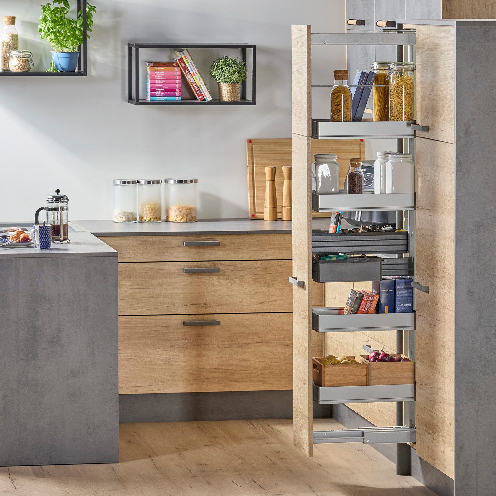 Kesseböhmer Auszug DISPENSA-X Apothekerauszug silbergrau, ARENA PURE Tablare, Set 120-160cm, 4 Einhängetablare, für Schrankbreite 300 mm