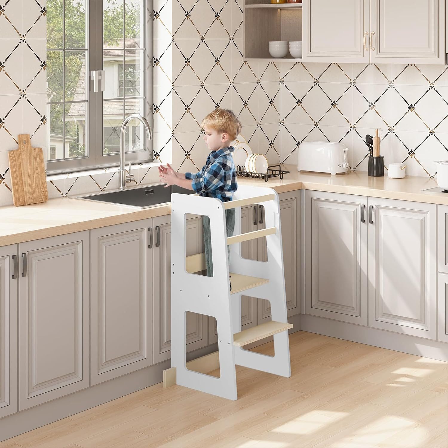 Woltu Tritthocker, Lernturm mit Rausfallschutz, Montessori Entdeckerturm Küchenhelfer