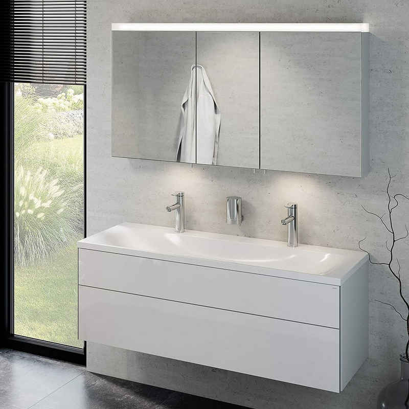 Keuco Badmöbel-Set »Royal Reflex«, (3 teilig, Badmöbel Set mit Waschbecken mit Unterschrank und LED Spiegelschrank), Badezimmerspiegelschrank mit Beleuchtung, weiß-hochglanz, 130 cm