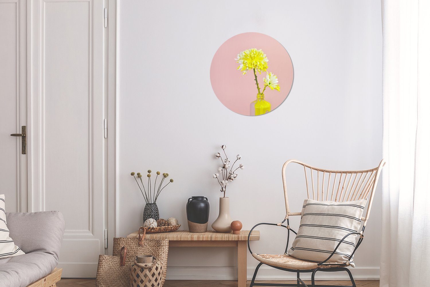 St), MuchoWow (1 Blumen - Kreis Rundes cm Gemälde Farbe Wandbild, - Forex, 30x30 Gelb, Wohnzimmer, Wanddekoration