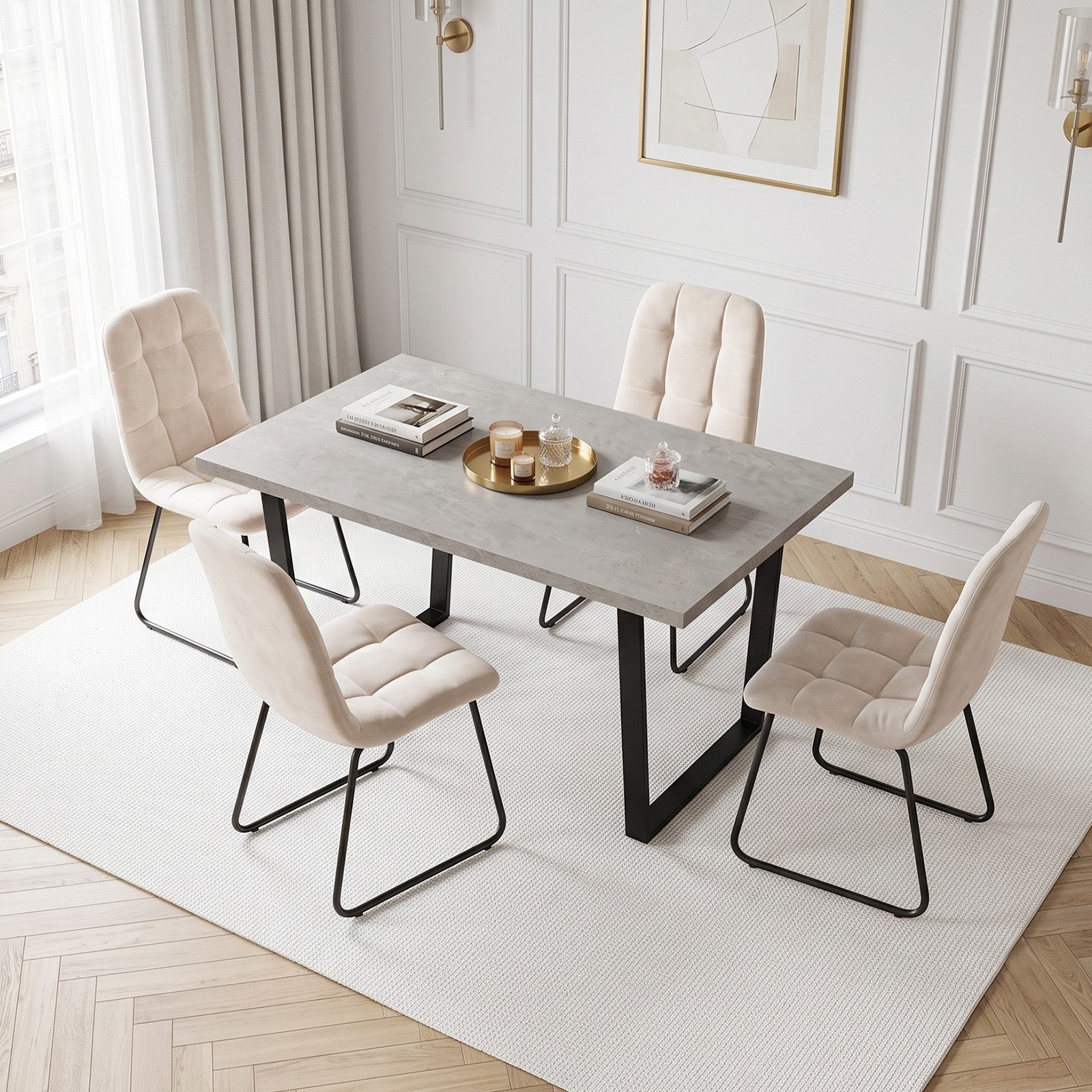 Jiexi Essgruppe Essgruppe fest 110x70 MDF Grau Tisch Set mit Flanell Stühlen