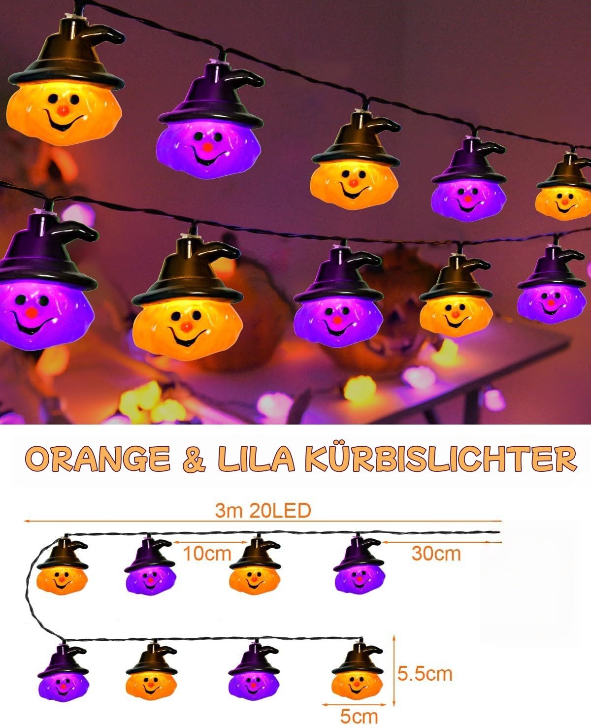 nsihing LED-Lichterkette Halloween Lichterkette 3M 20LED Kürbis Lichterkette Batterie, Halloween Deko Outdoor für Garten, Party