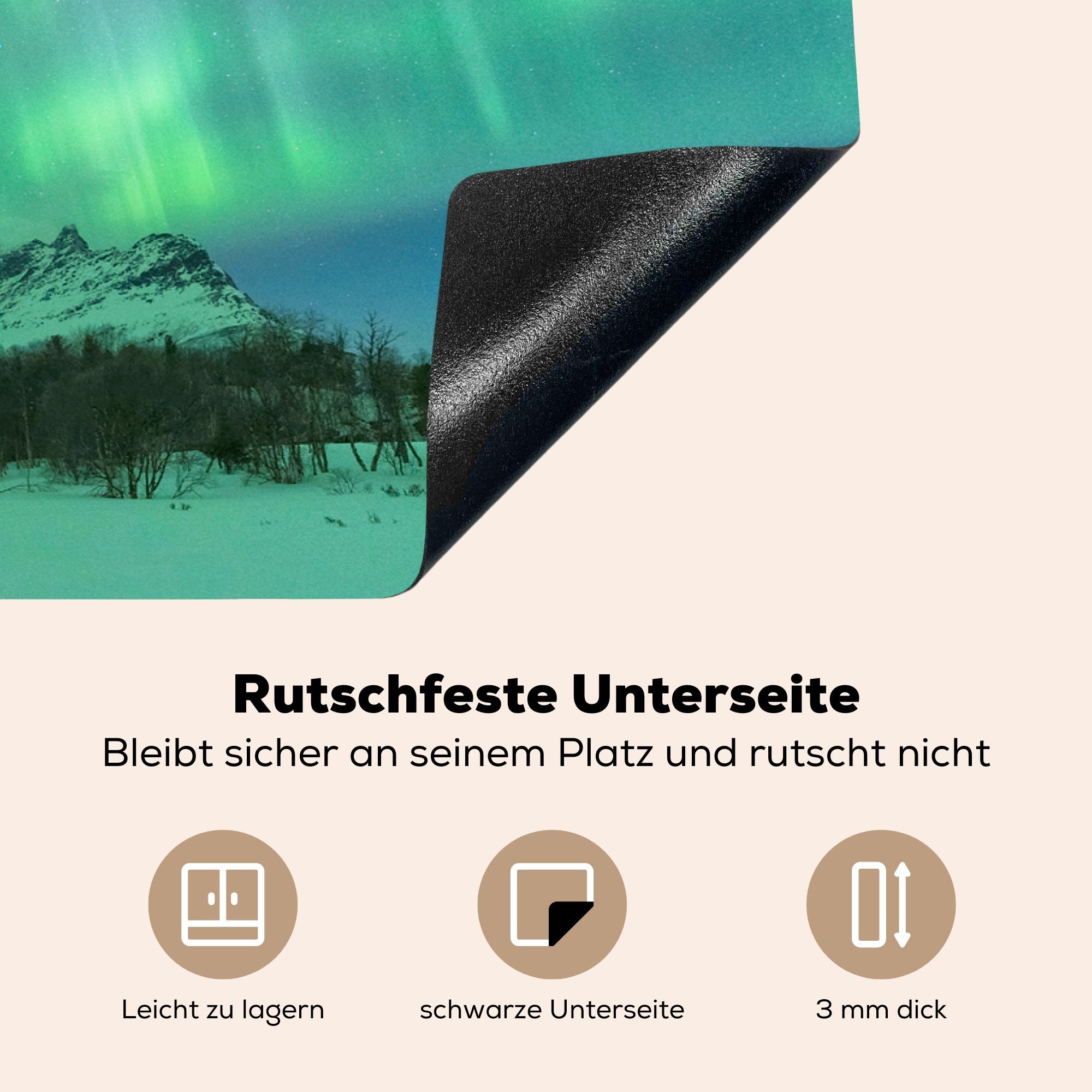 Vinyl, für Berg MuchoWow cm, tlg), Norwegen, Schnee Induktionskochfeld - Herdblende-/Abdeckplatte 81x52 Schutz die (1 Ceranfeldabdeckung - küche, - Nordlichter