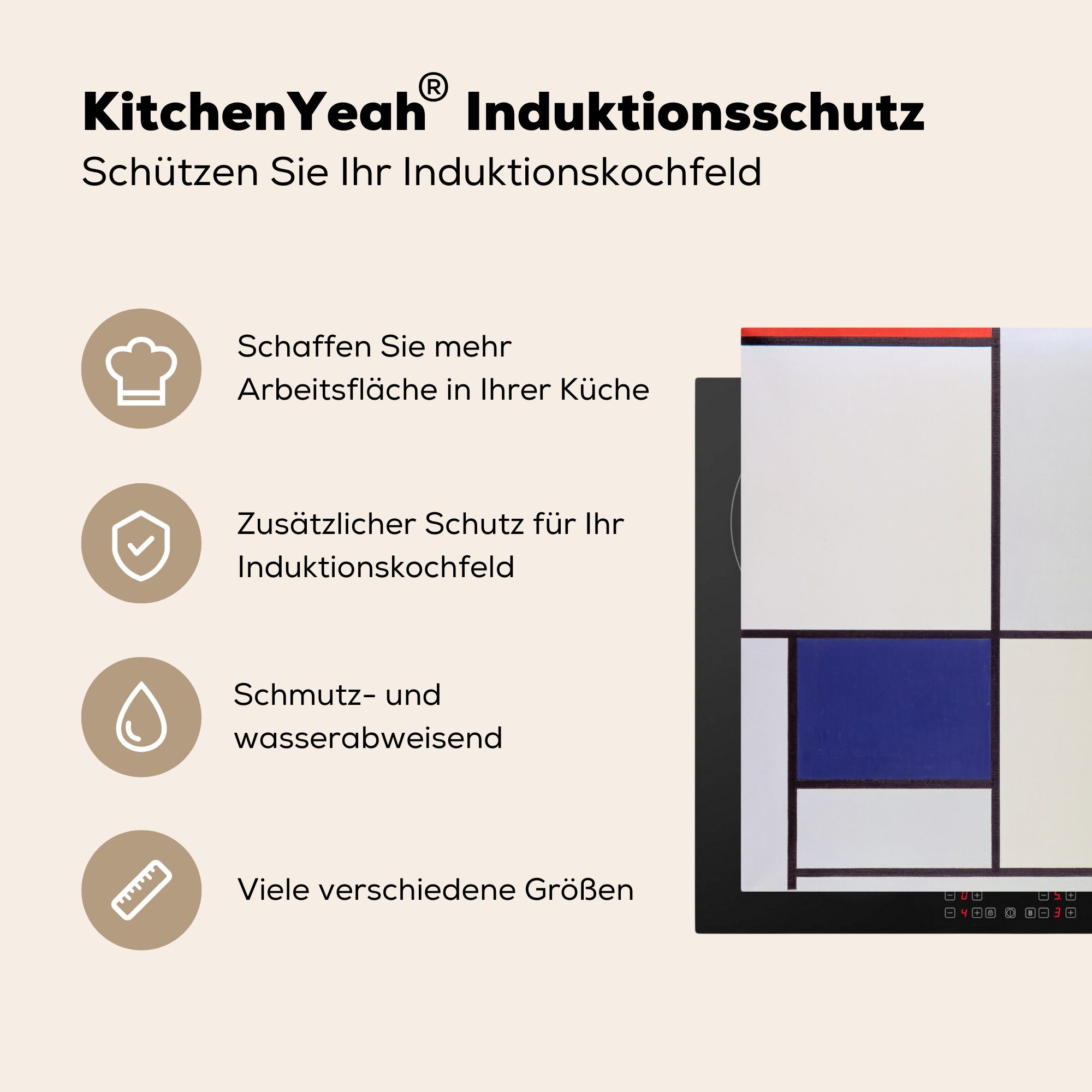 Vinyl, Ceranfeldabdeckung, I tlg), küche - (1 cm, 78x78 MuchoWow für Arbeitsplatte Mondrian, Tableau Herdblende-/Abdeckplatte Piet