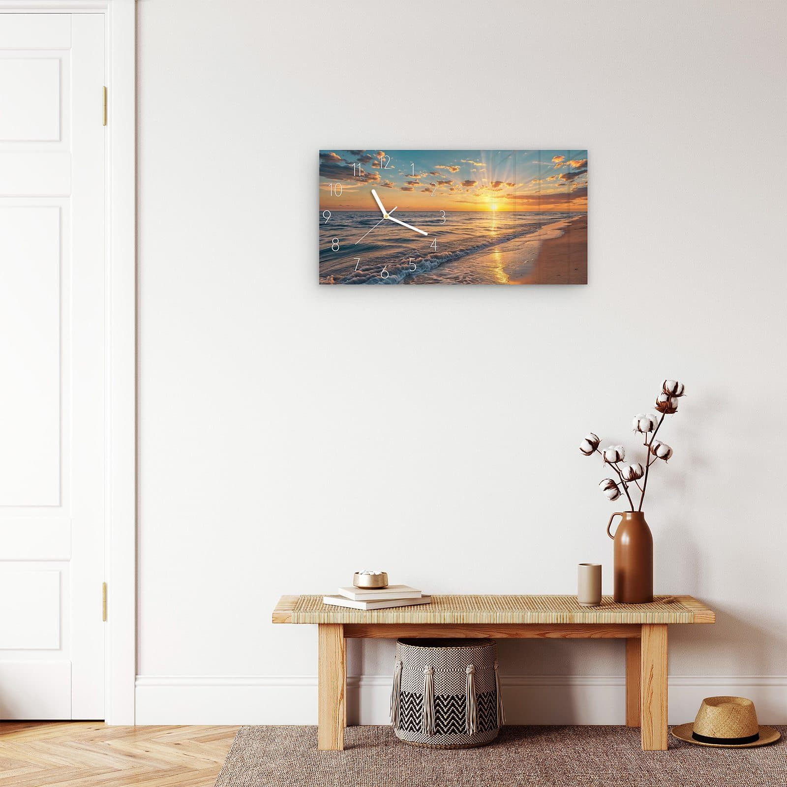 Primedeco Wanduhr Glasuhr Wandkunst Größe 60 x 30 cm mit Motiv Sonnenaufgang Meer