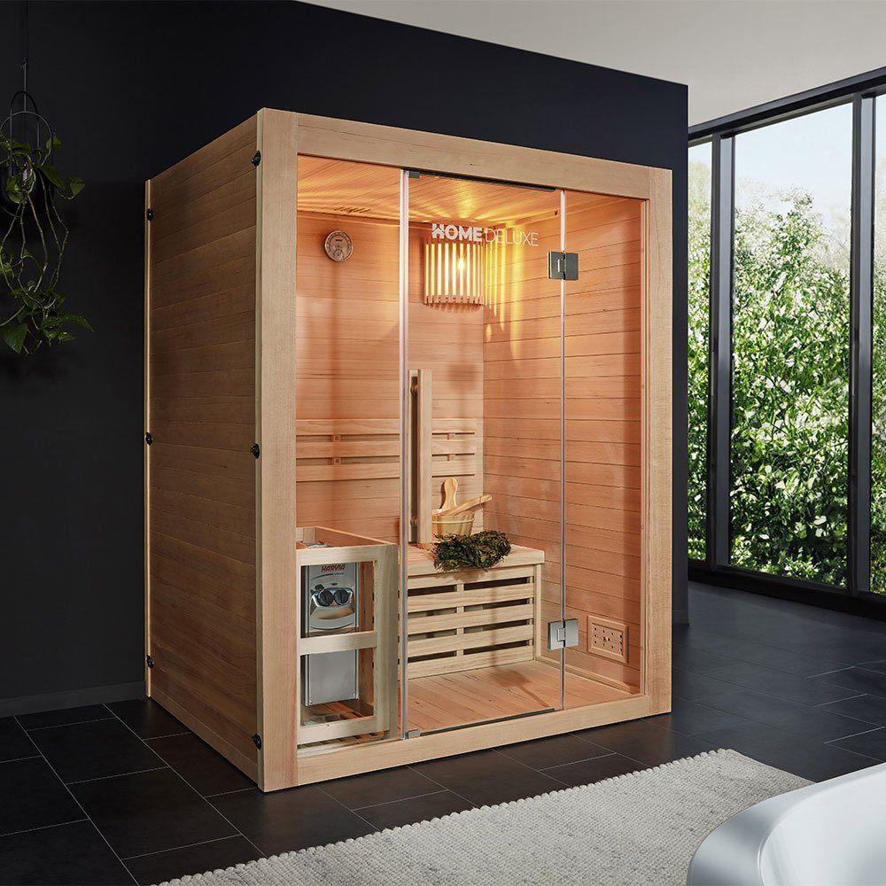 HOME DELUXE Sauna Traditionelle Sauna SKYLINE - L, BxTxH: 150,00 x 120,00 x 190,00 cm, für 3 Personen, inkl. 4,5 kW Saunaofen, aus Hemlocktanne