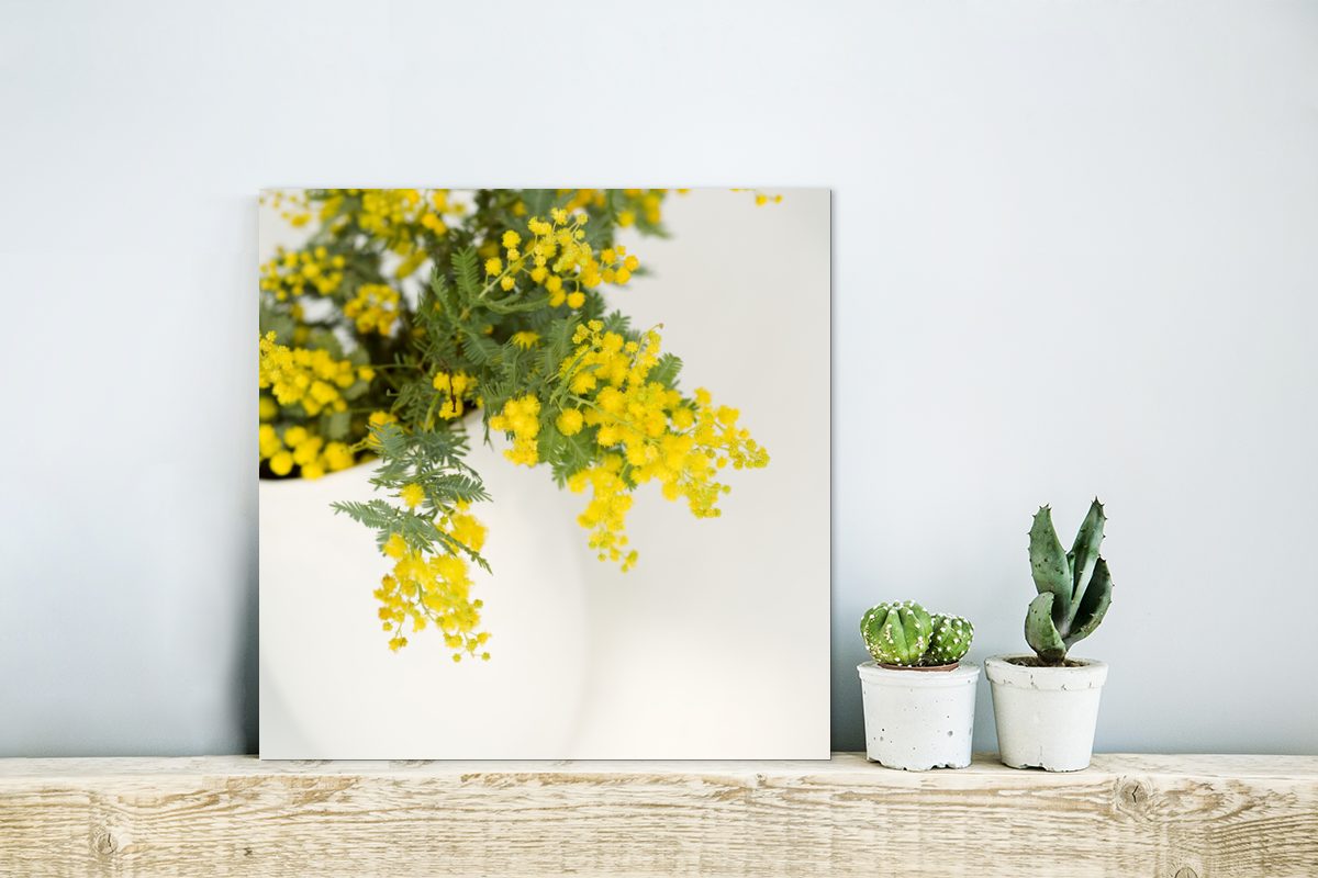 Metall, Gelbe in (1 aus St), MuchoWow Alu-Dibond-Druck, Blättern Gemälde Topf, einem Aluminium mit großen deko Metallbild Mimosenpflanzen grünen