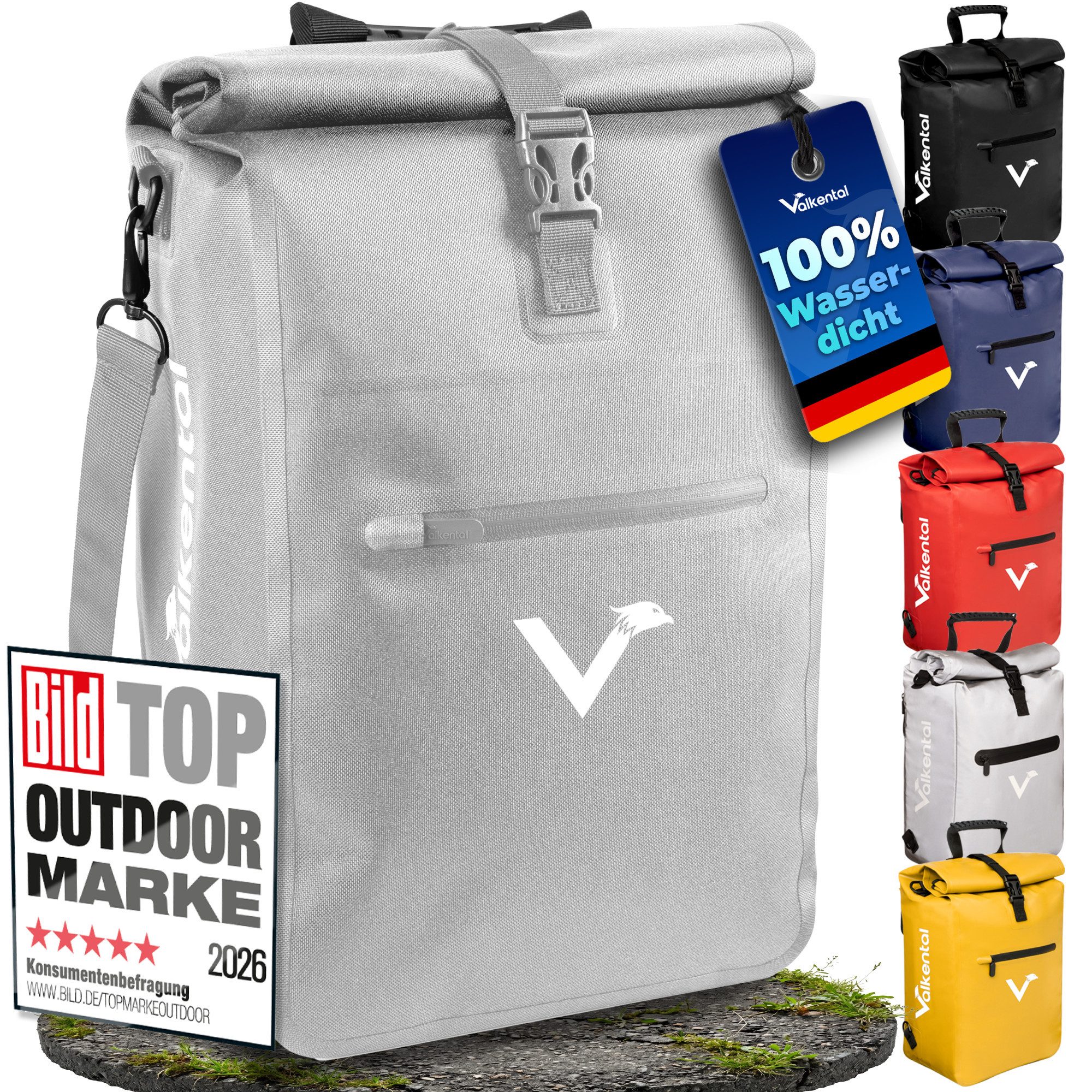 Valkental Fahrradtasche Gepäckträgertasche, Rucksack und Umhängetasche, 3in1 - wasserdicht & reflektierend 25 L