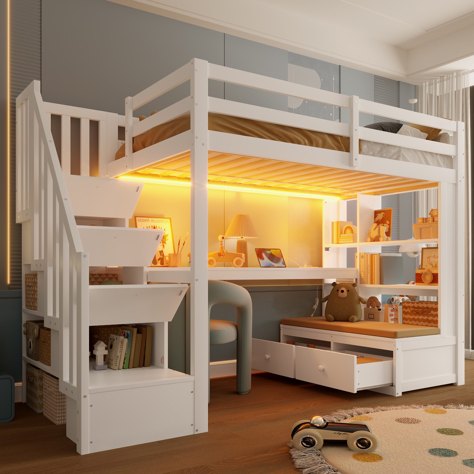 Merax Hochbett 90x200cm mit LED-Beleuchtung (1-St., Jugendbett Einzelbett Stockbett) Kiefer Kinderbett mit Schreibtisch Regalen Schubladen Stauraumtreppe
