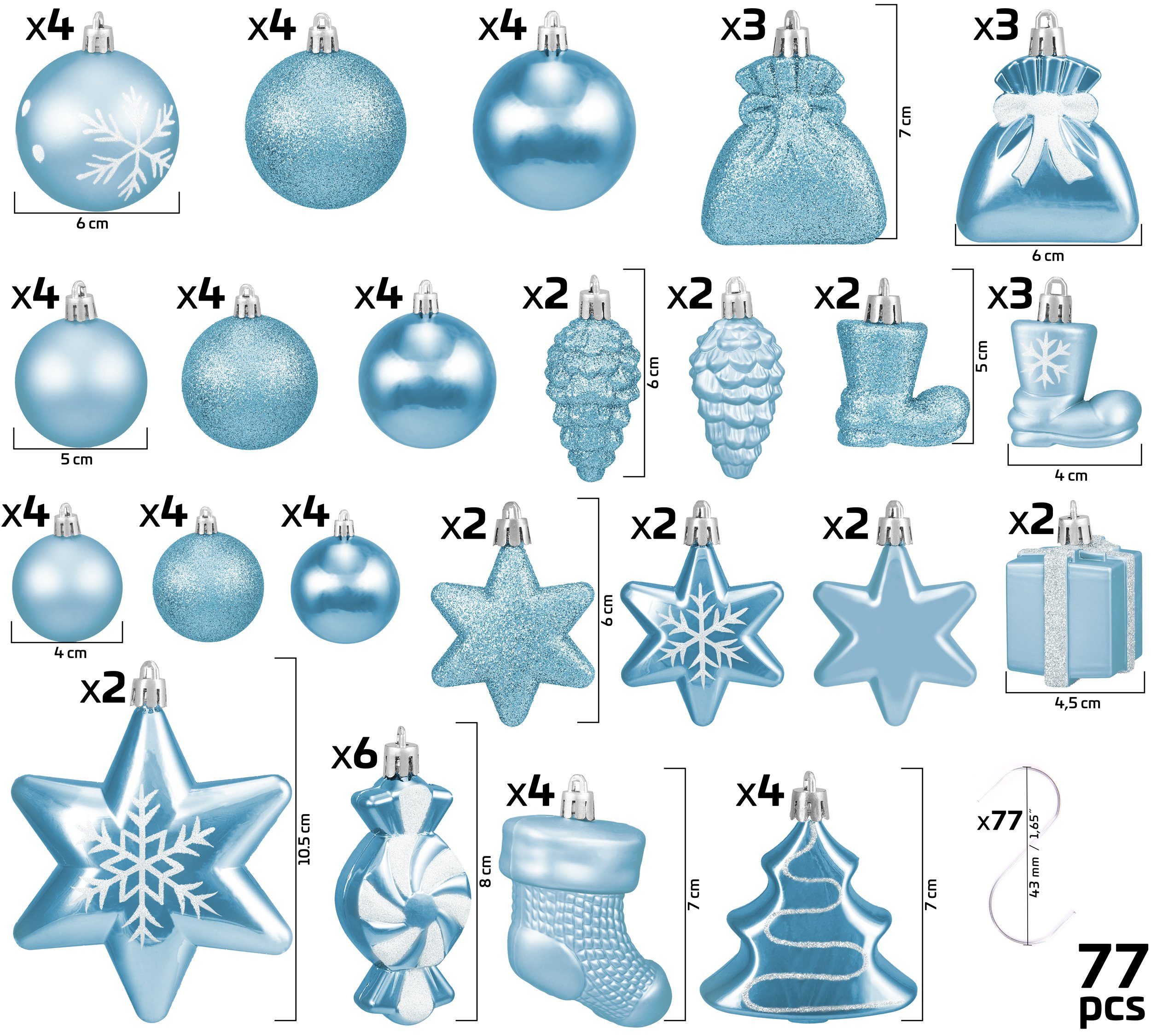 Christbaumschmuck BRUBAKER Weihnachtsbaumkugel Weihnachtskugel-Set, Baumkugeln aus 77-teiliges Weihnachtsdekoration Kunststoff, Blau